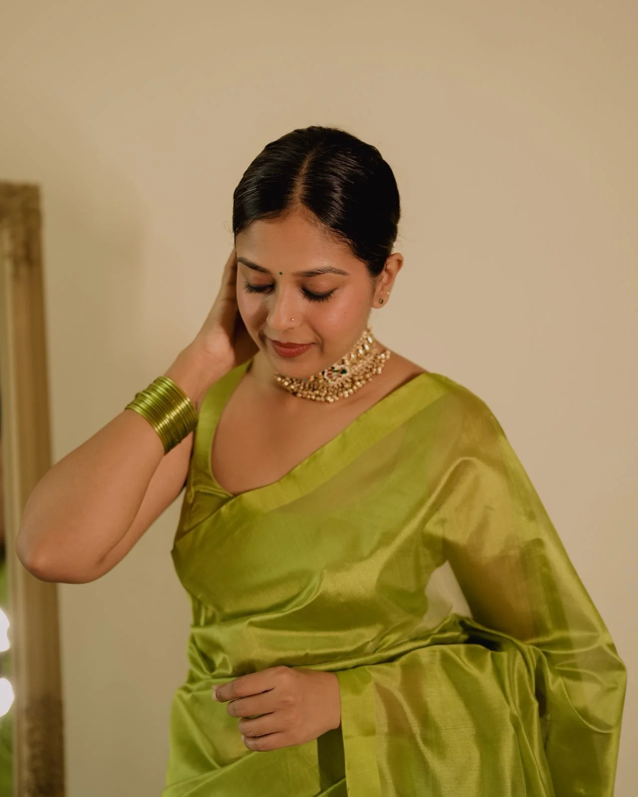 Olive green Chanderi silk saree with silk border - Image 10