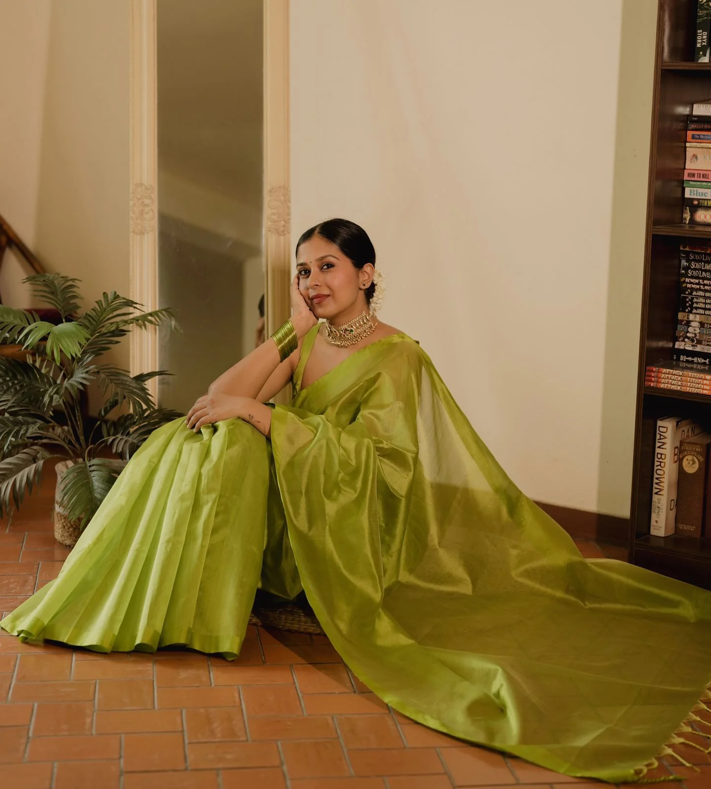 Olive green Chanderi silk saree with silk border - Image 11