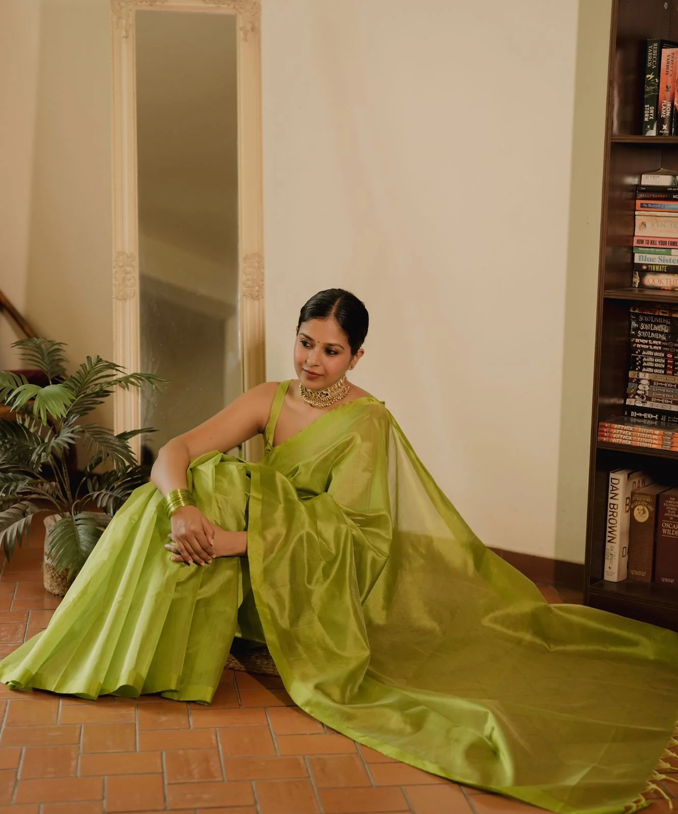 Olive green Chanderi silk saree with silk border - Image 12