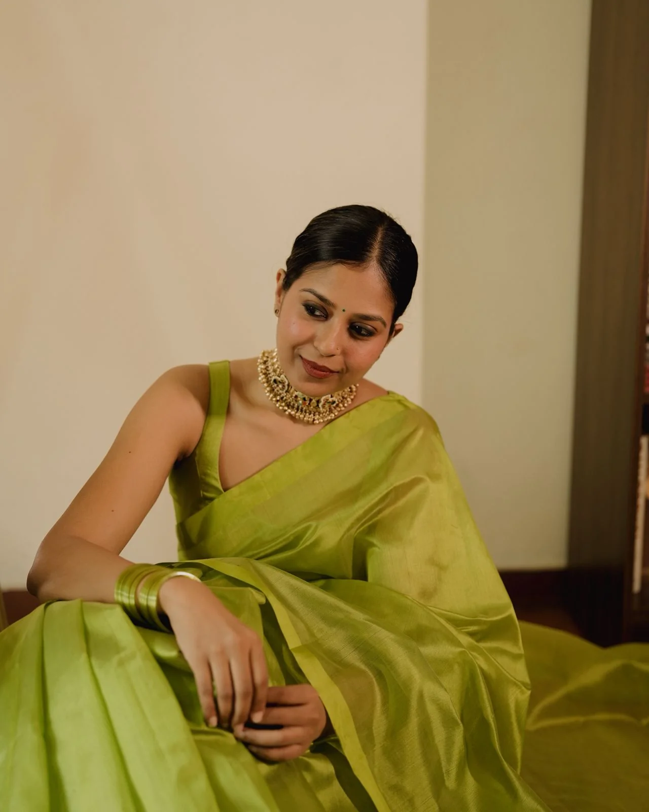Olive green Chanderi silk saree with silk border - Image 13