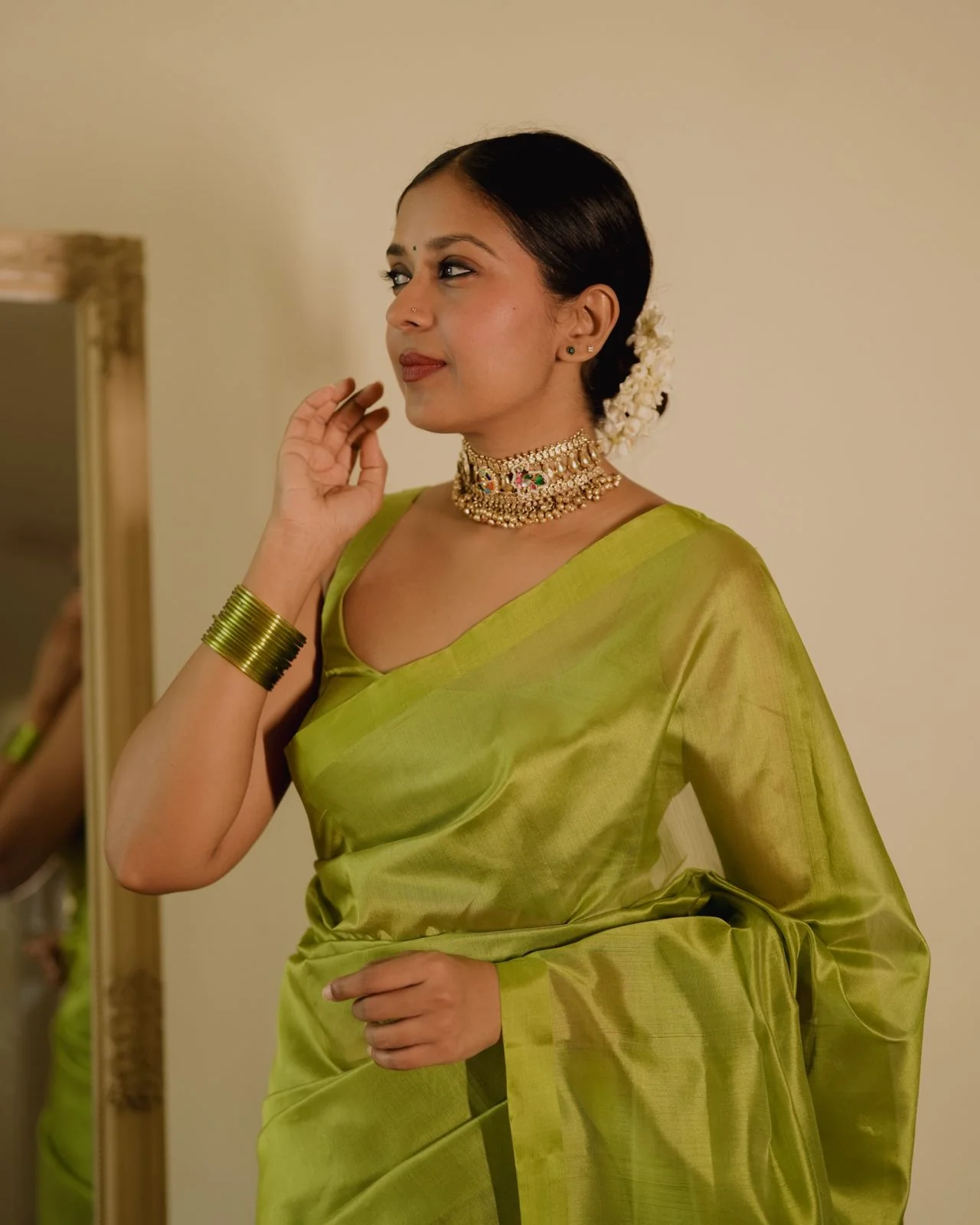 Olive green Chanderi silk saree with silk border - Image 4