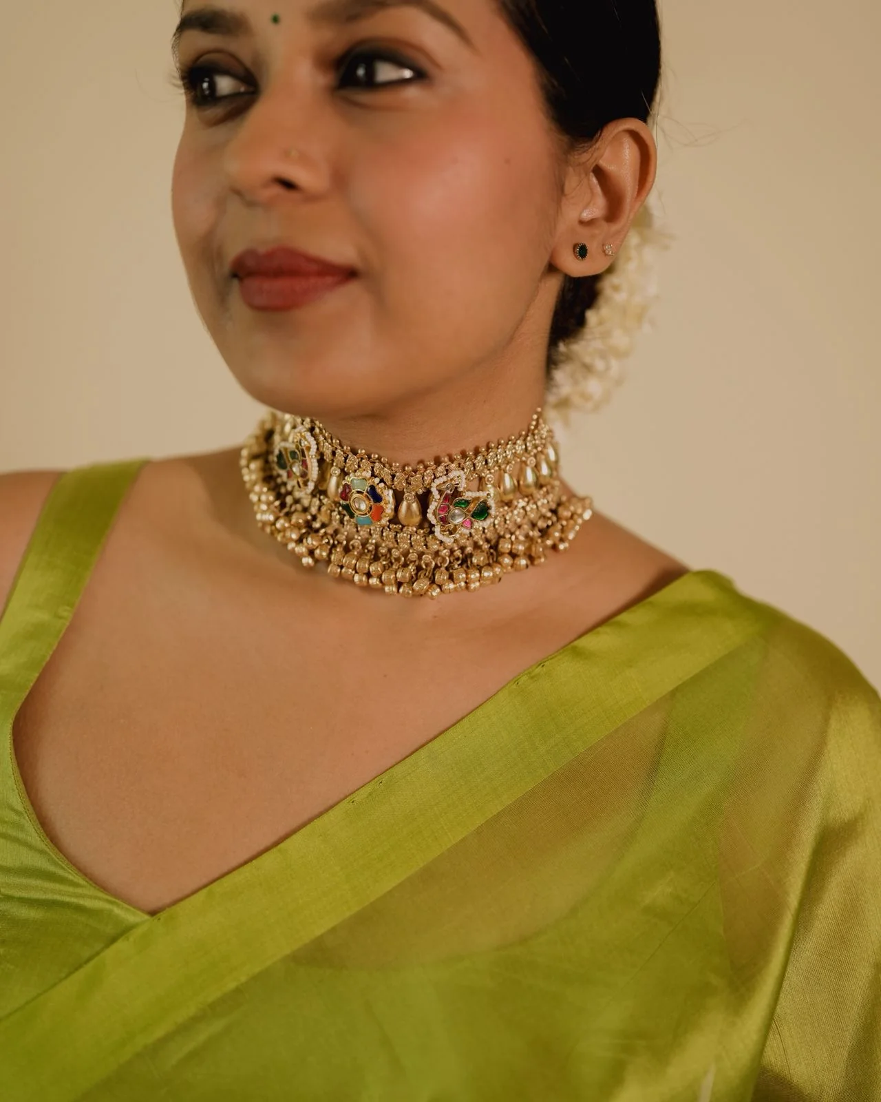 Olive green Chanderi silk saree with silk border - Image 5