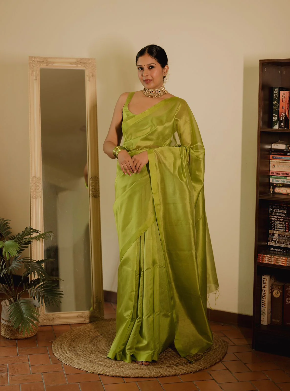 Olive green Chanderi silk saree with silk border - Image 6
