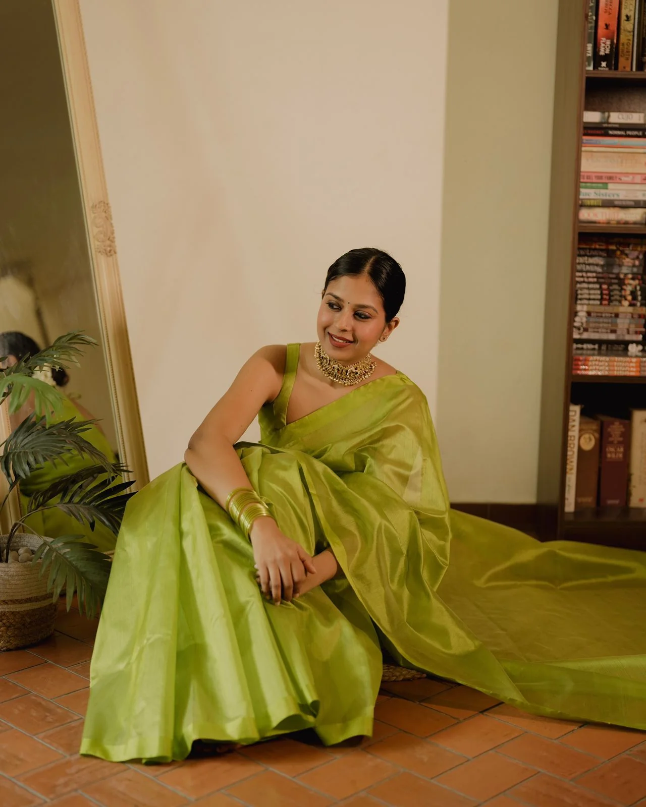 Olive green Chanderi silk saree with silk border - Image 7