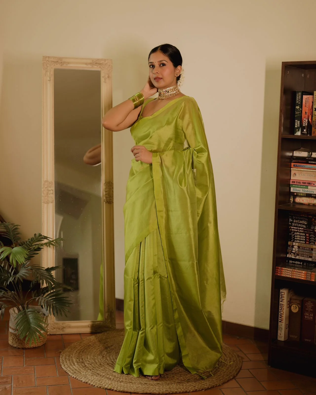 Olive green Chanderi silk saree with silk border - Image 9