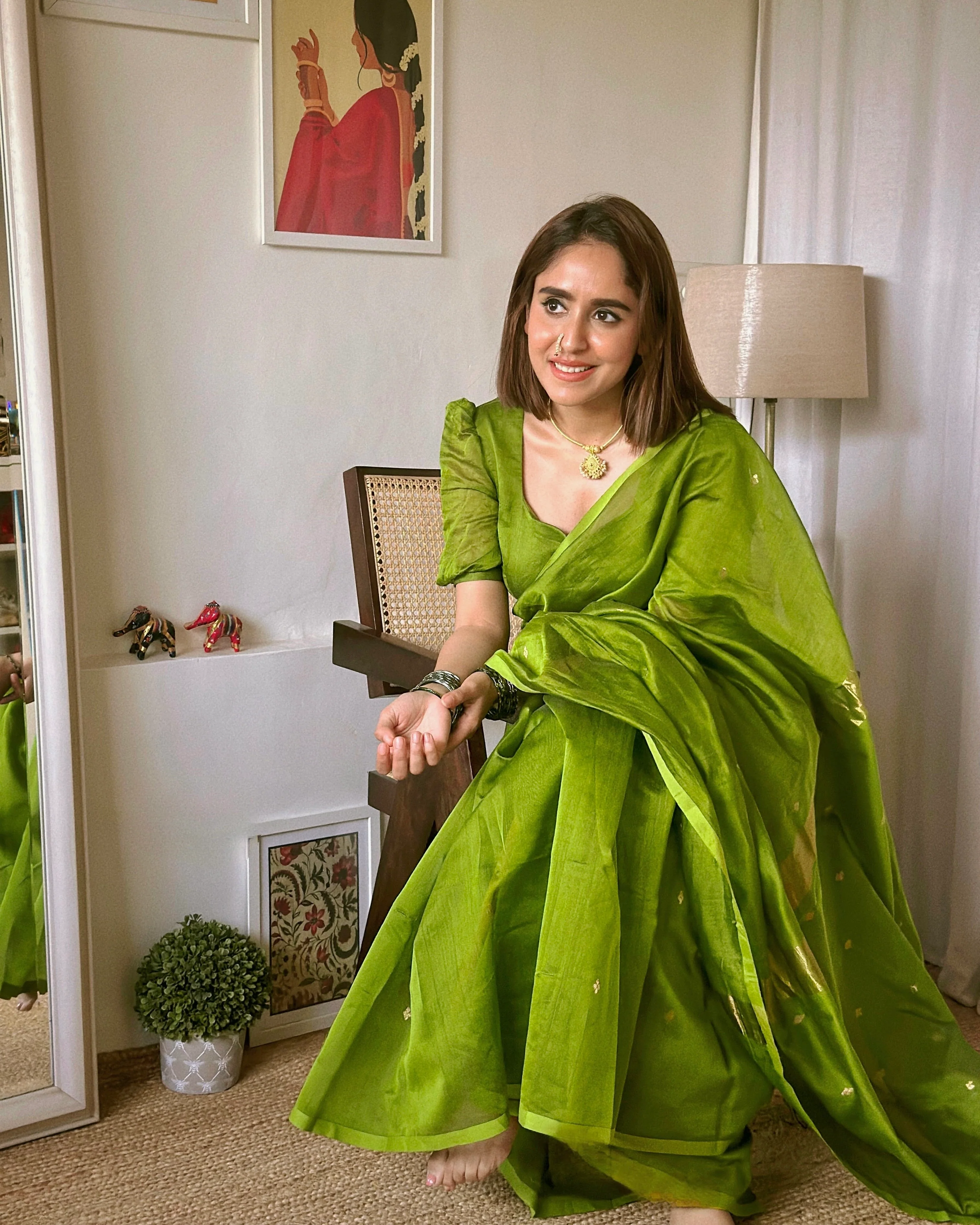 Olive green maheshwari saree with zari bootis all over - Image 3