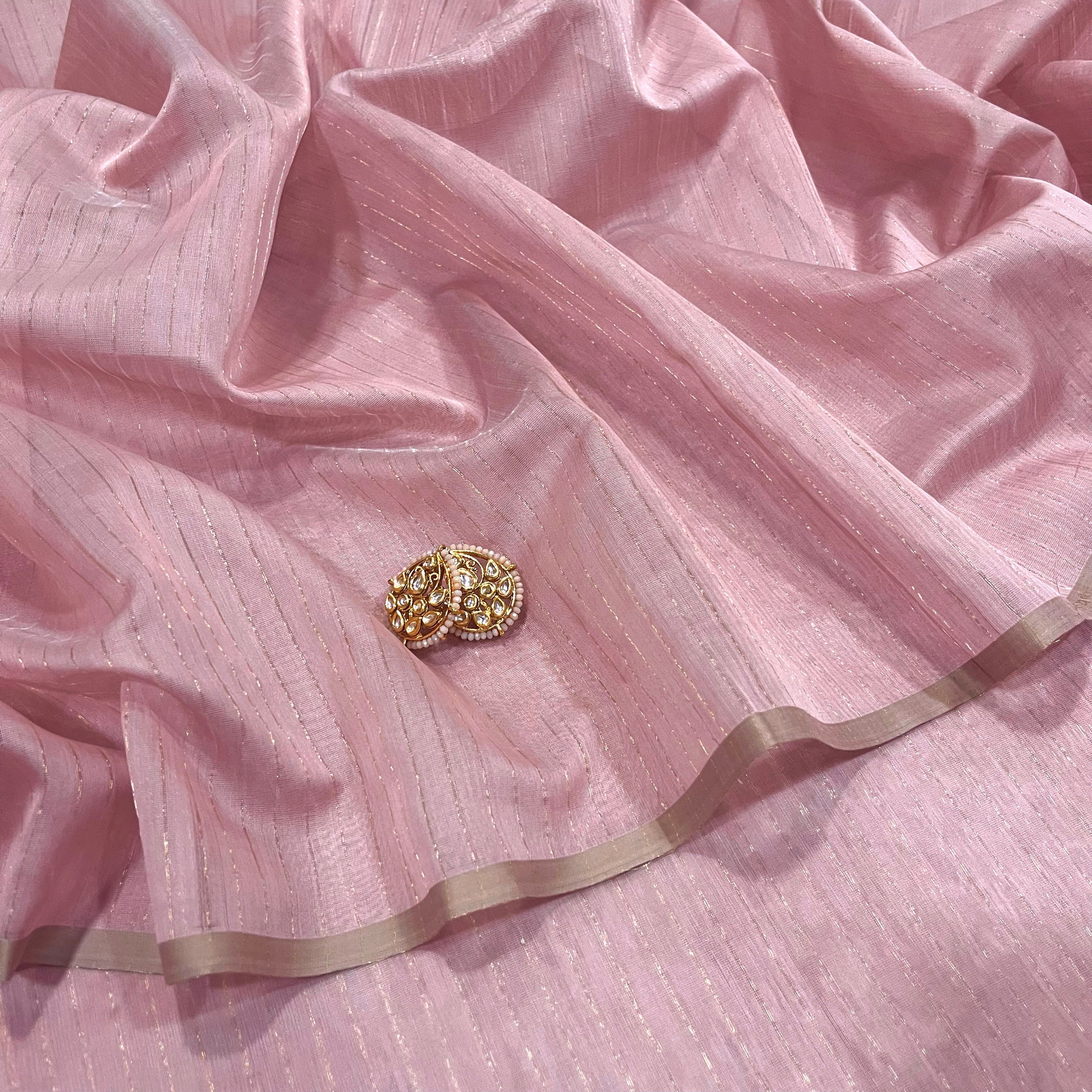 Pastel Pink Maheshwari saree with zari lines all over