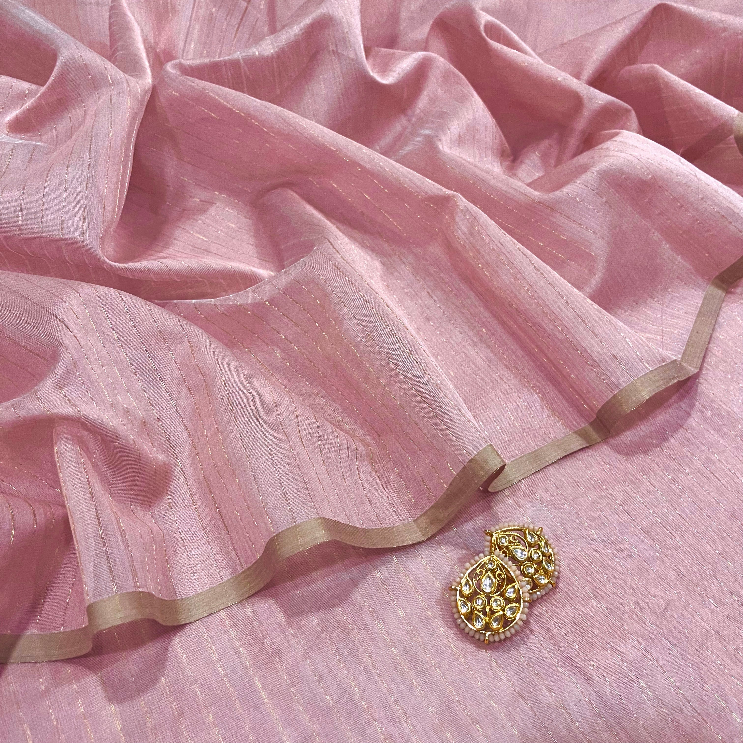 Pastel Pink Maheshwari saree with zari lines all over - Image 3