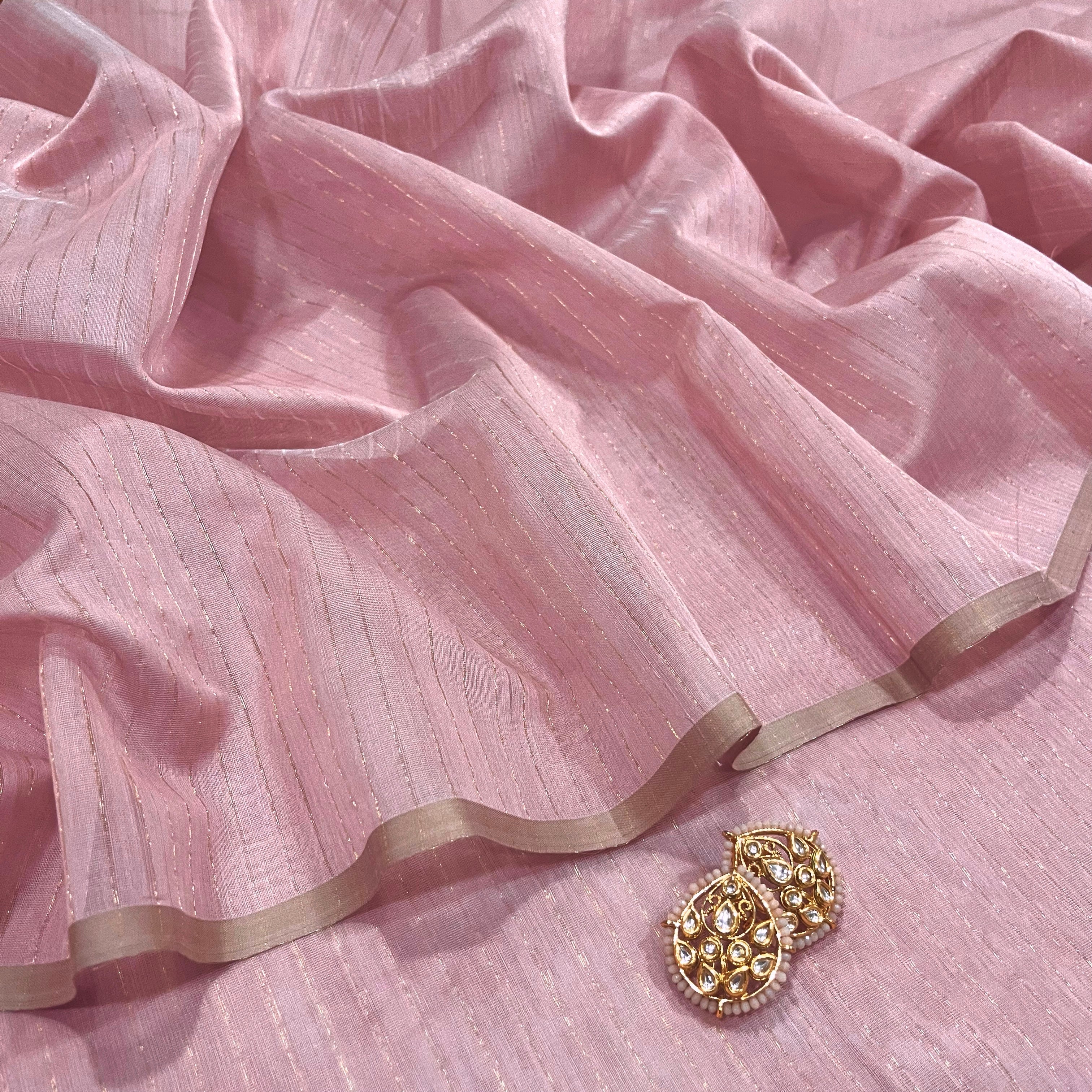 Pastel Pink Maheshwari saree with zari lines all over - Image 5