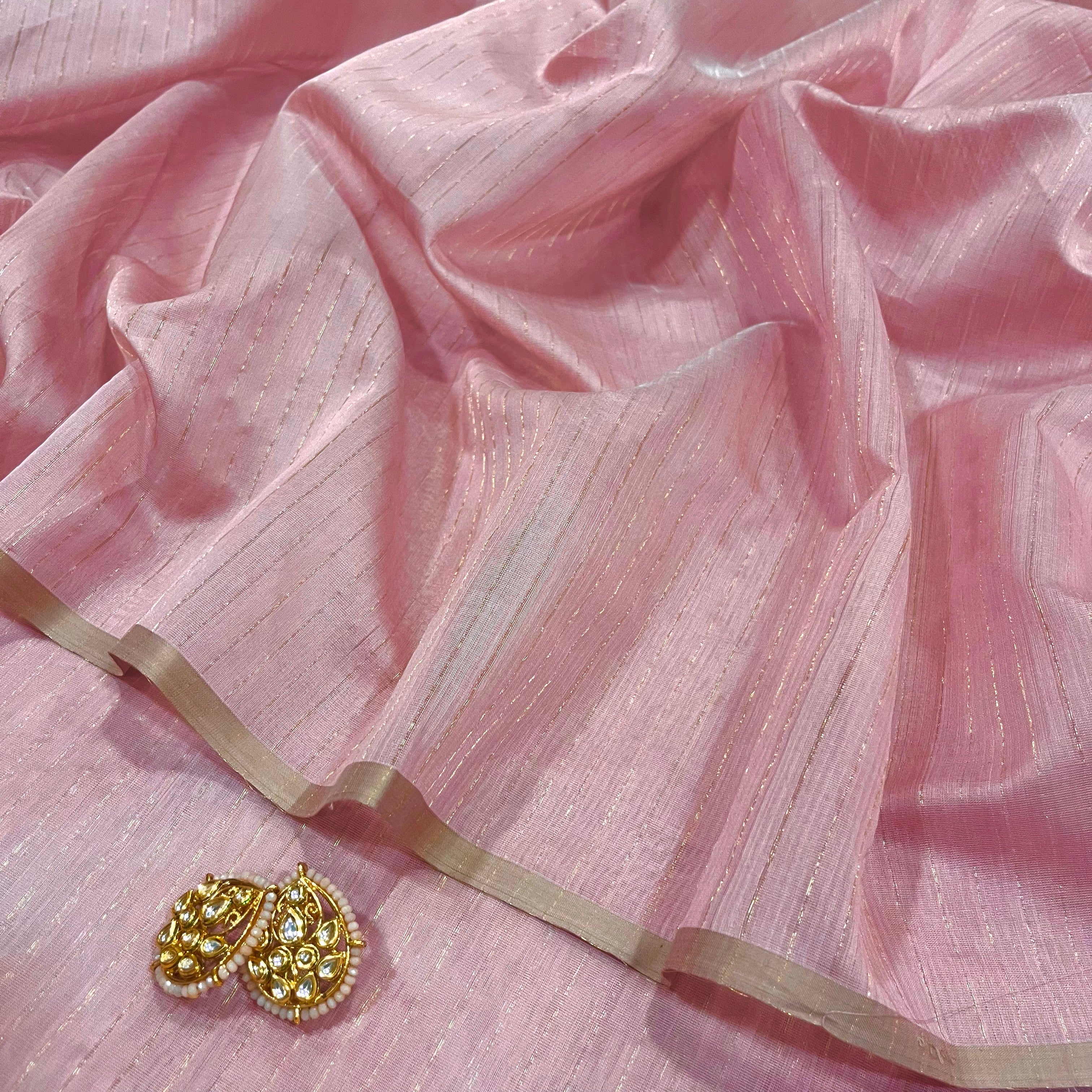 Pastel Pink Maheshwari saree with zari lines all over - Image 6