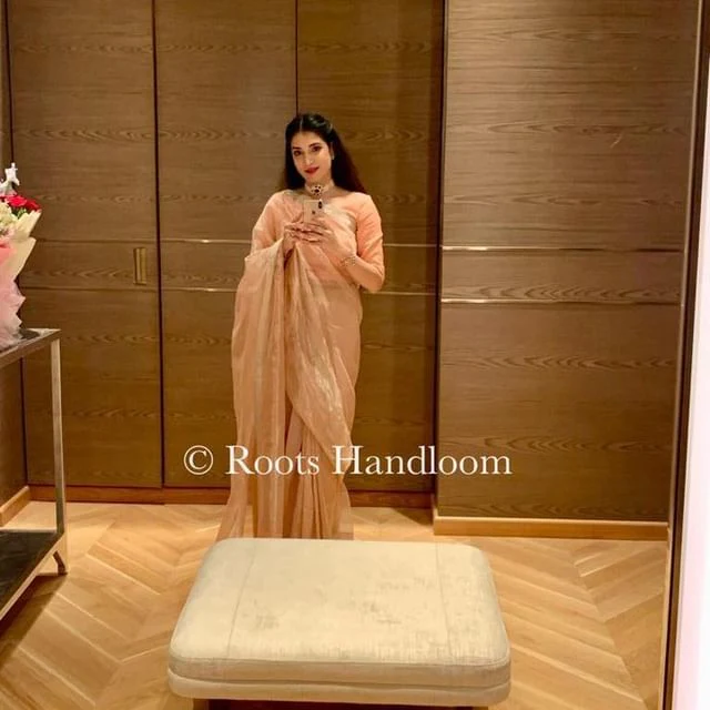 Peachish Pink Maheshwari saree with Silver Zari lines all over - Image 9