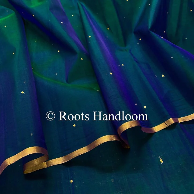 Peacock Blue & Green Dual Tone Chanderi Organza Silk Saree with Zari Bootis all over - Image 10
