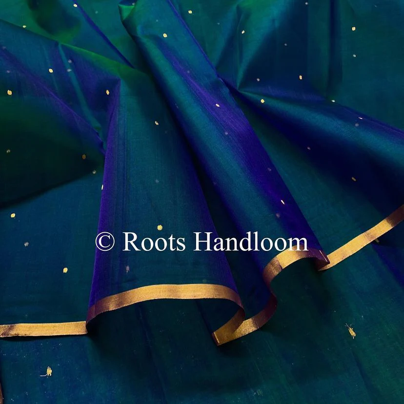 Peacock Blue & Green Dual Tone Chanderi Organza Silk Saree with Zari Bootis all over - Image 11