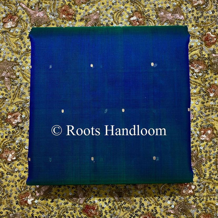Peacock Blue & Green Dual Tone Chanderi Organza Silk Saree with Zari Bootis all over - Image 12