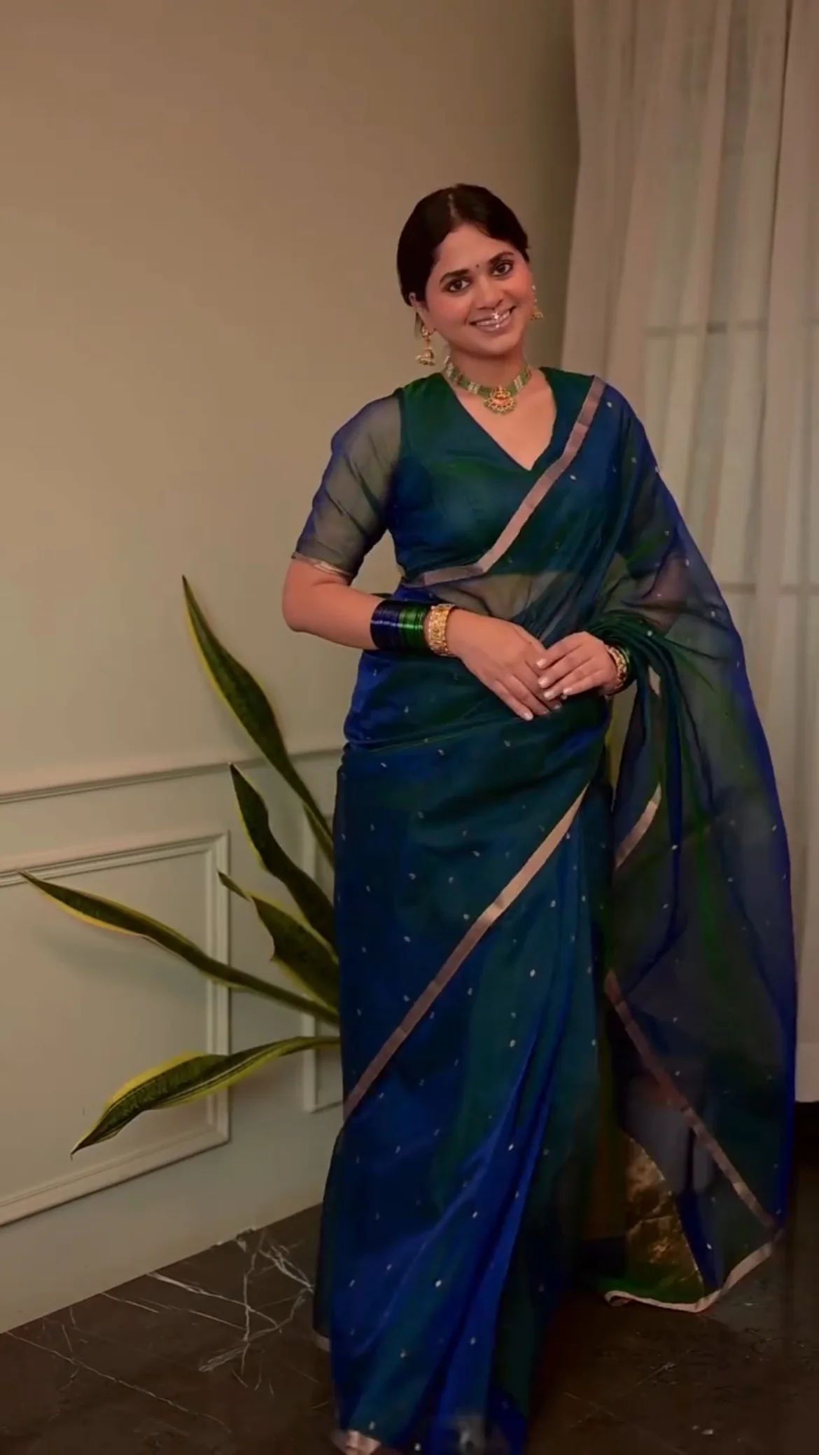 Peacock Blue & Green Dual Tone Chanderi Organza Silk Saree with Zari Bootis all over - Image 15