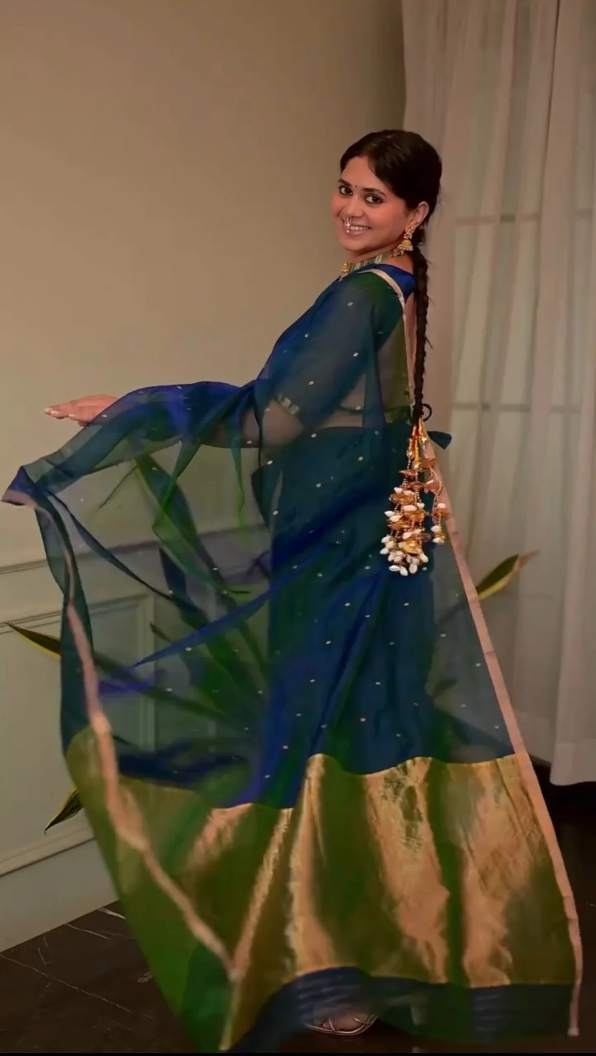 Peacock Blue & Green Dual Tone Chanderi Organza Silk Saree with Zari Bootis all over - Image 16