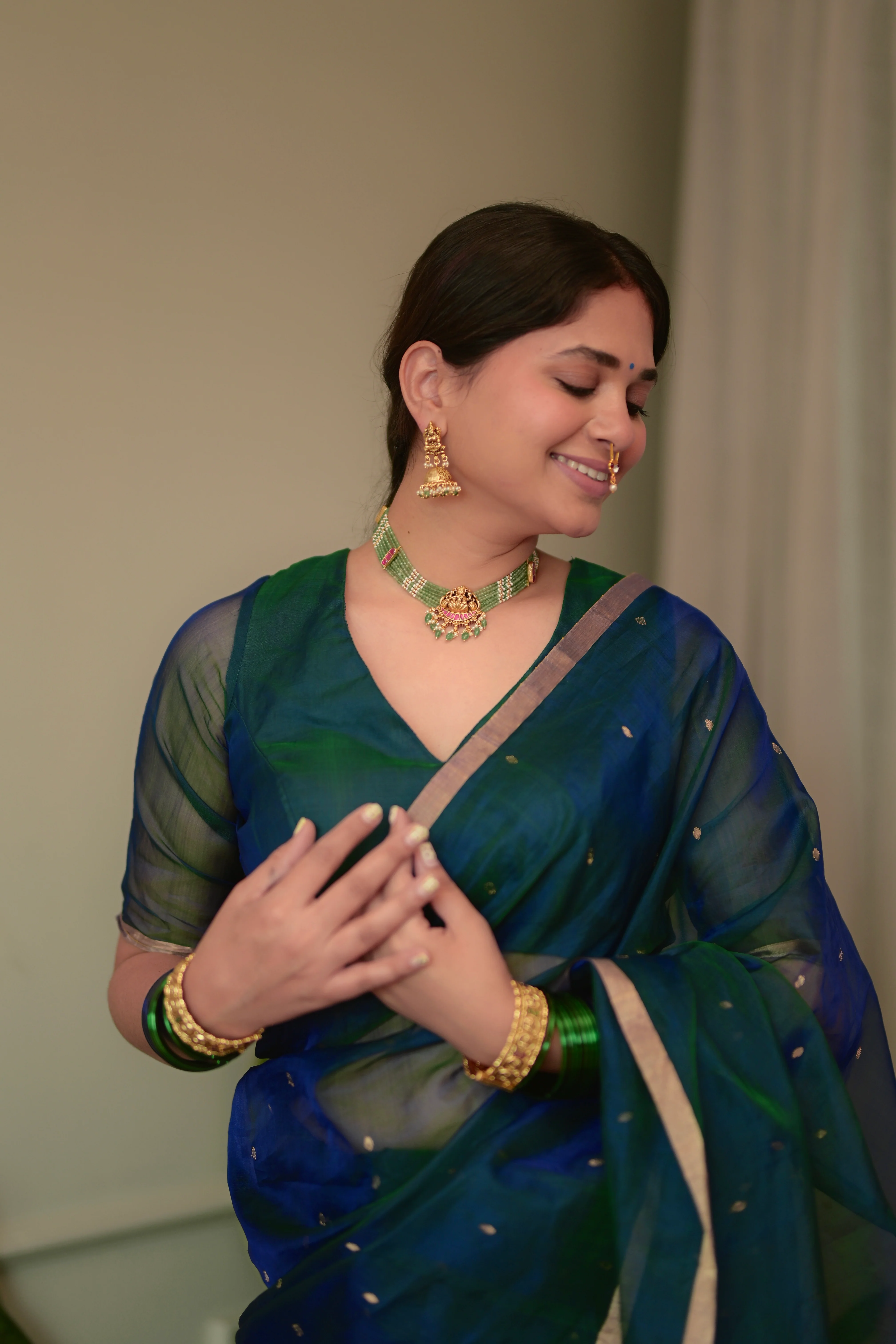 Peacock Blue & Green Dual Tone Chanderi Organza Silk Saree with Zari Bootis all over - Image 17