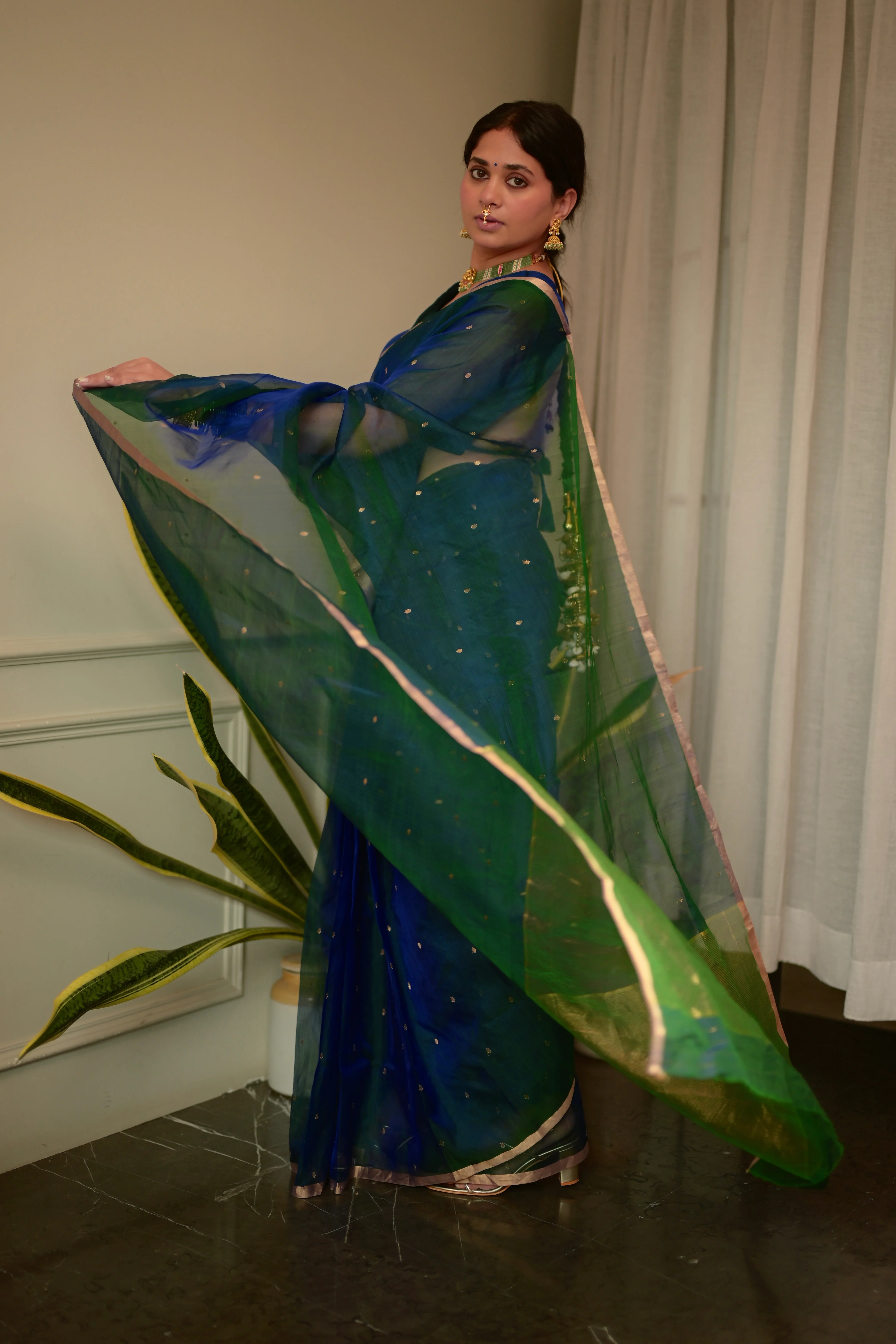 Peacock Blue & Green Dual Tone Chanderi Organza Silk Saree with Zari Bootis all over - Image 18
