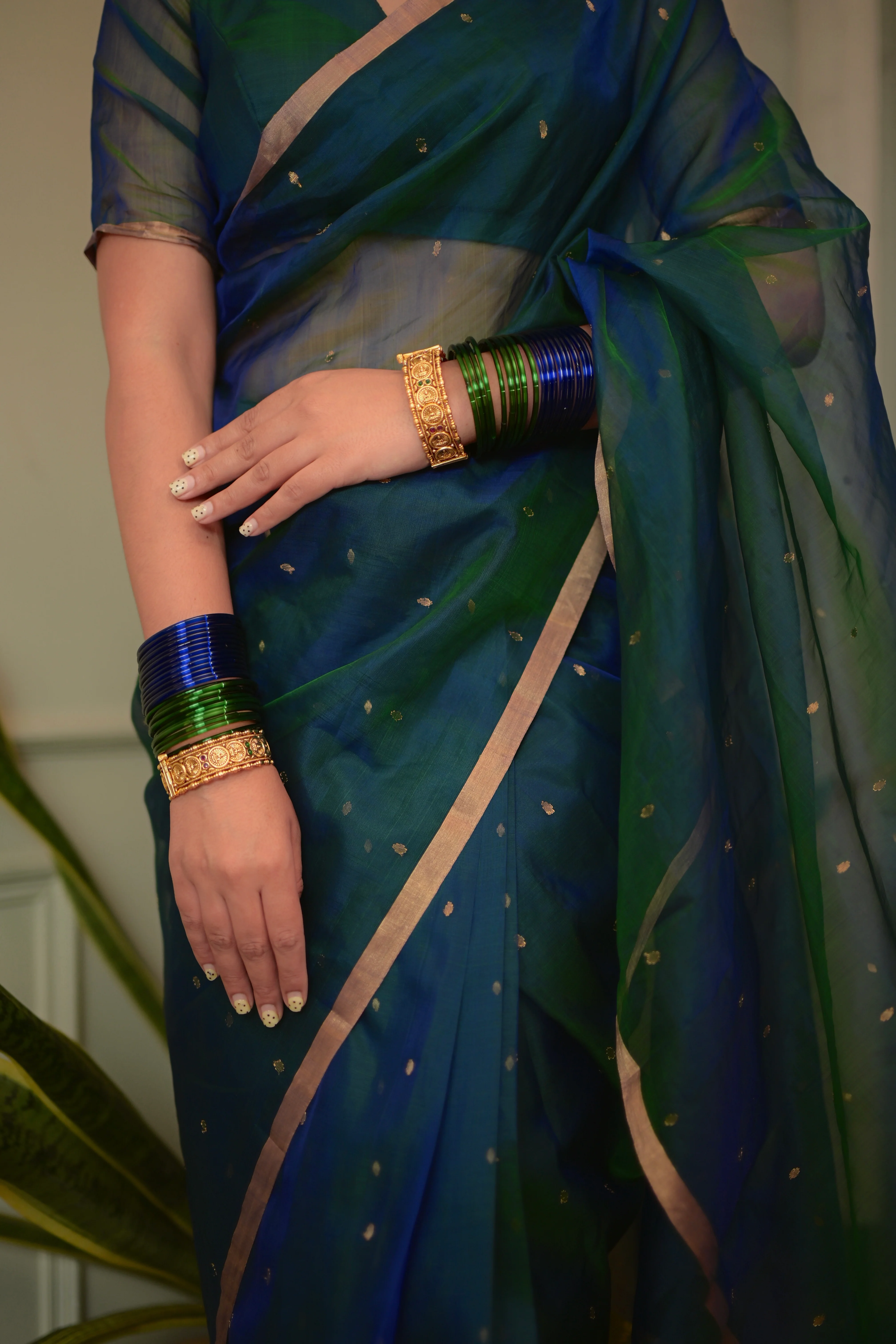 Peacock Blue & Green Dual Tone Chanderi Organza Silk Saree with Zari Bootis all over - Image 19