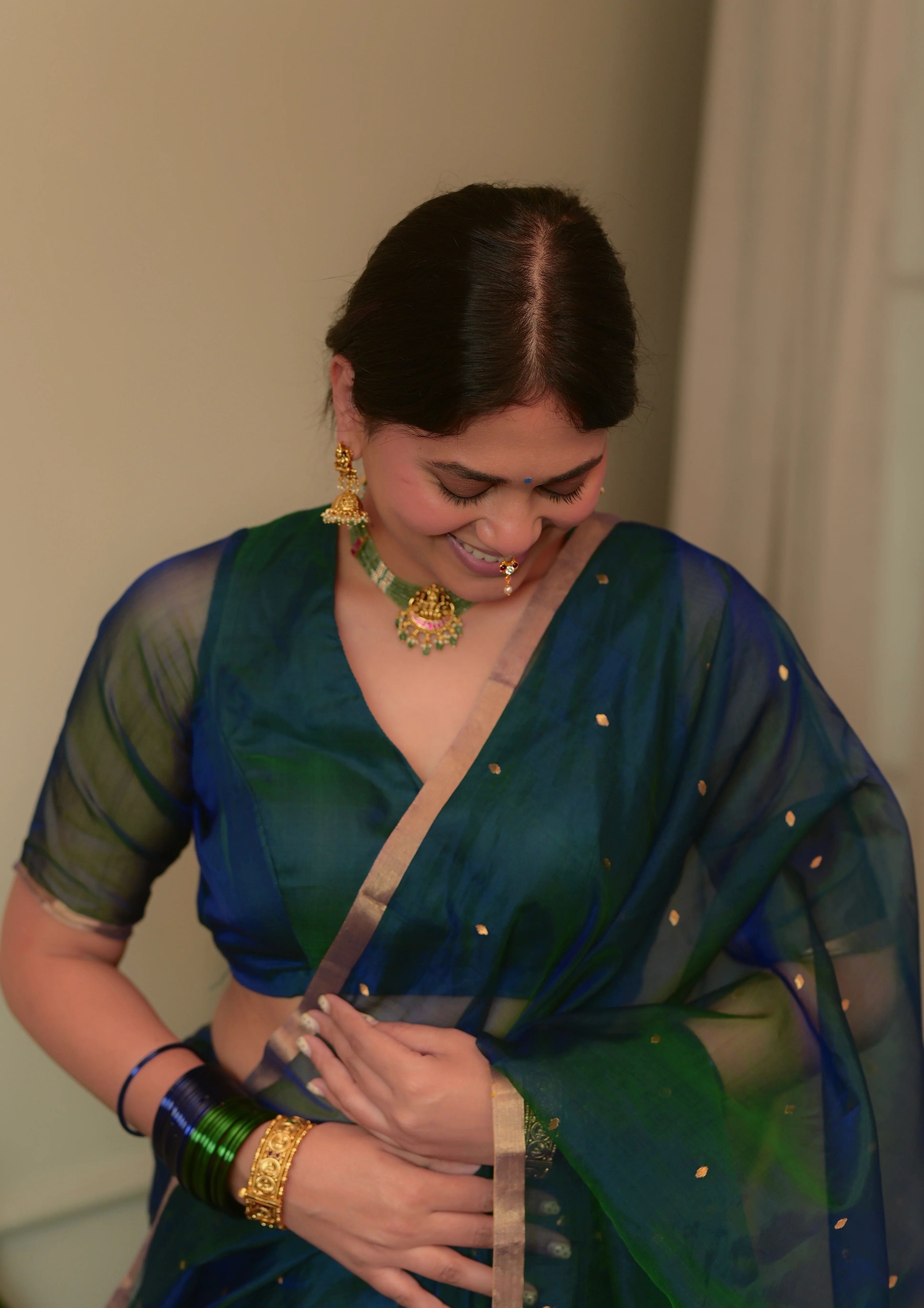 Peacock Blue & Green Dual Tone Chanderi Organza Silk Saree with Zari Bootis all over - Image 21