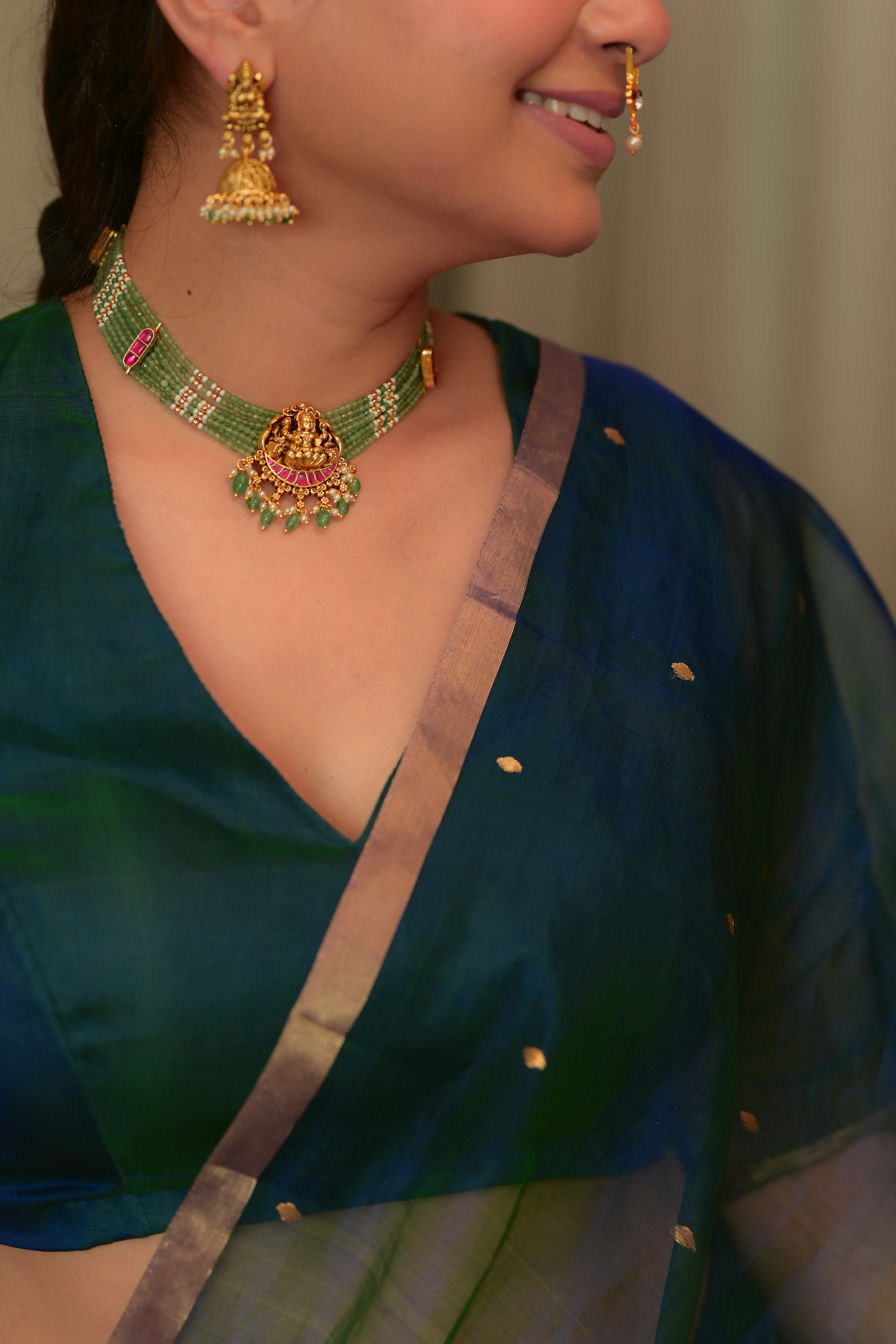 Peacock Blue & Green Dual Tone Chanderi Organza Silk Saree with Zari Bootis all over - Image 22