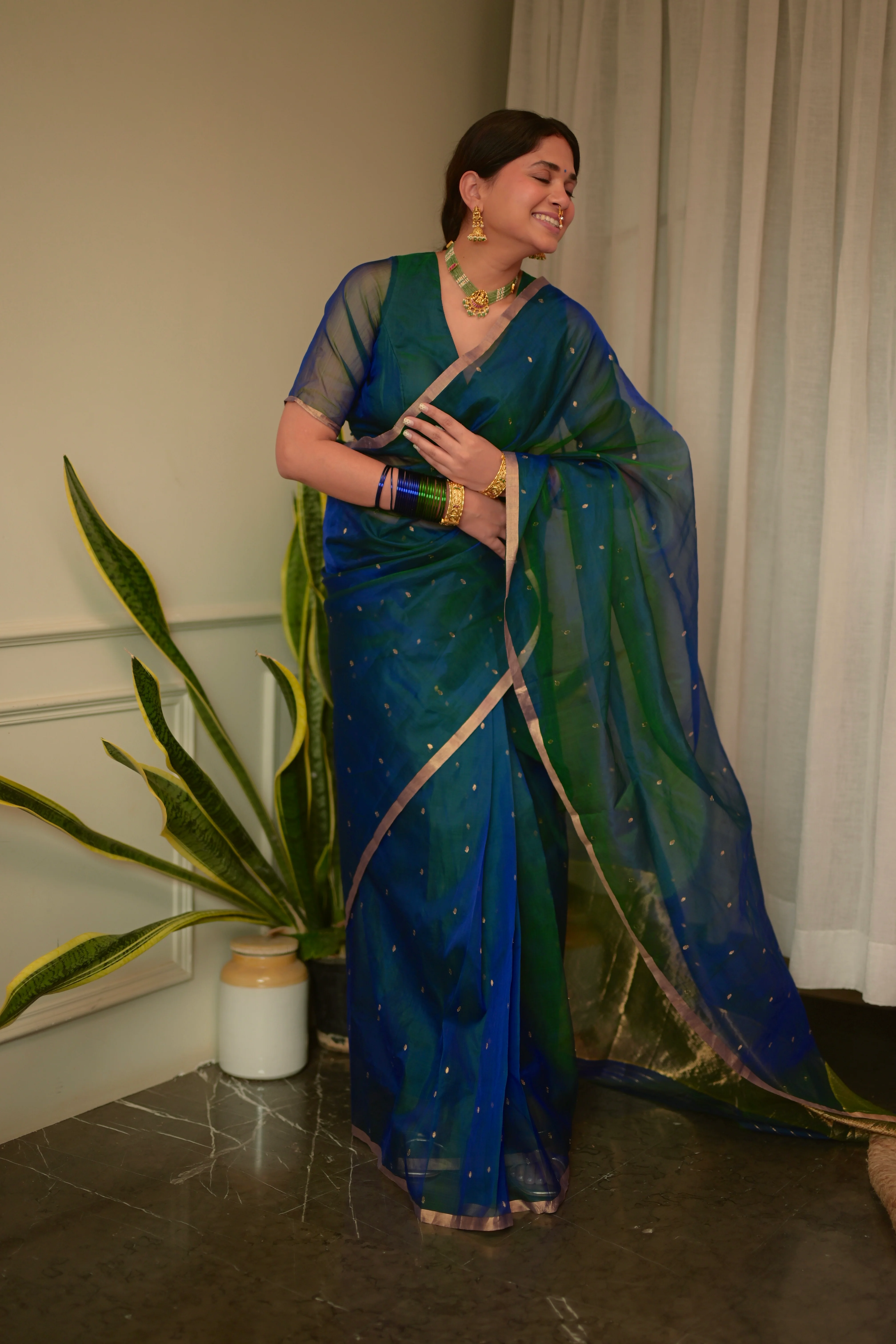 Peacock Blue & Green Dual Tone Chanderi Organza Silk Saree with Zari Bootis all over - Image 23