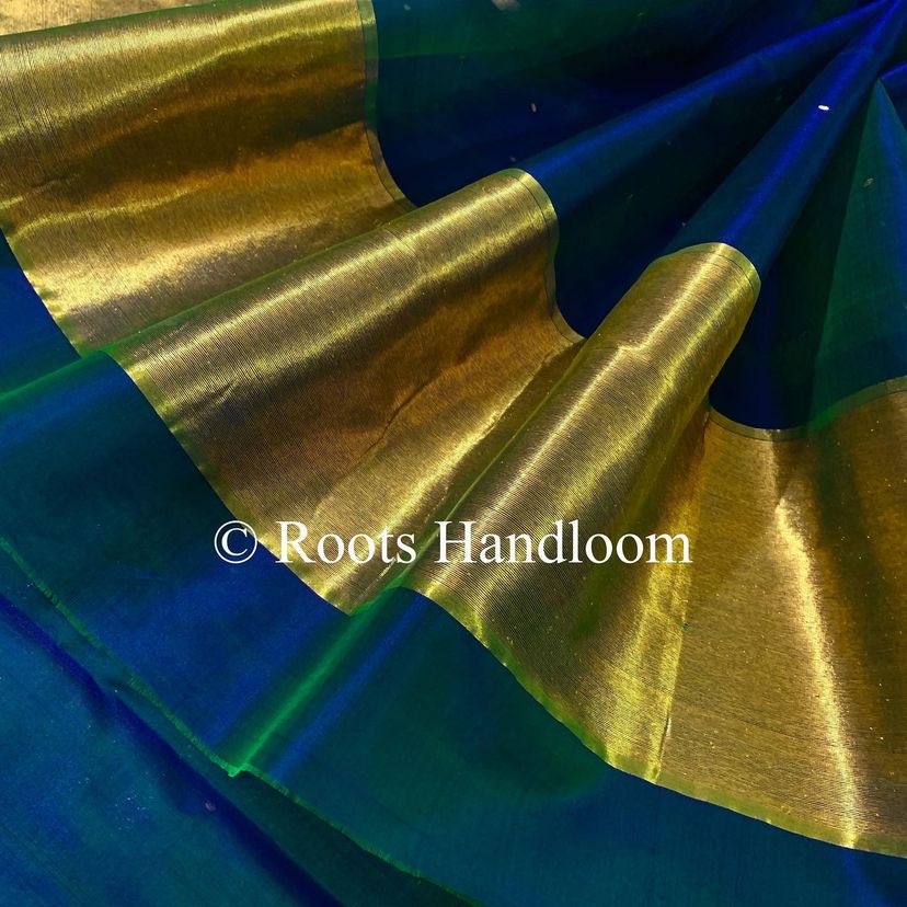 Peacock Blue & Green Dual Tone Chanderi Organza Silk Saree with Zari Bootis all over - Image 5