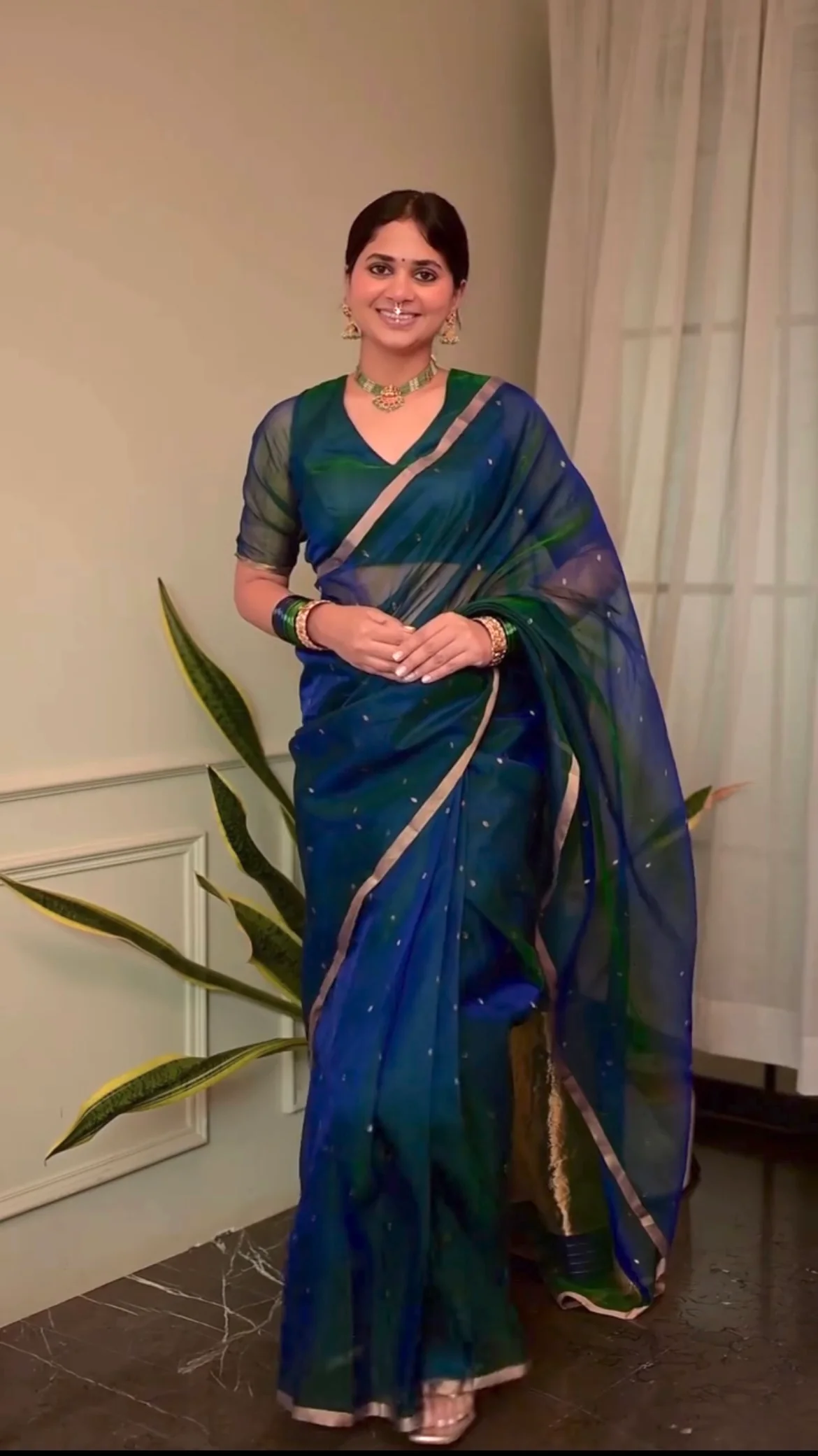 Peacock Blue & Green Dual Tone Chanderi Organza Silk Saree with Zari Bootis all over - Image 6