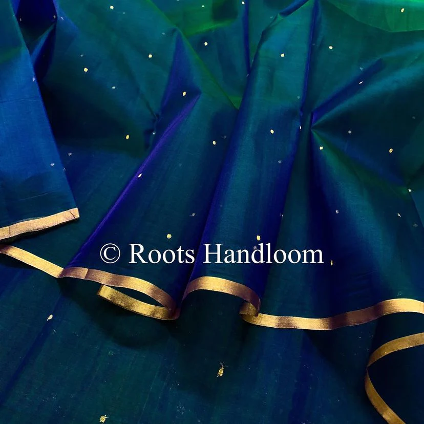 Peacock Blue & Green Dual Tone Chanderi Organza Silk Saree with Zari Bootis all over - Image 7