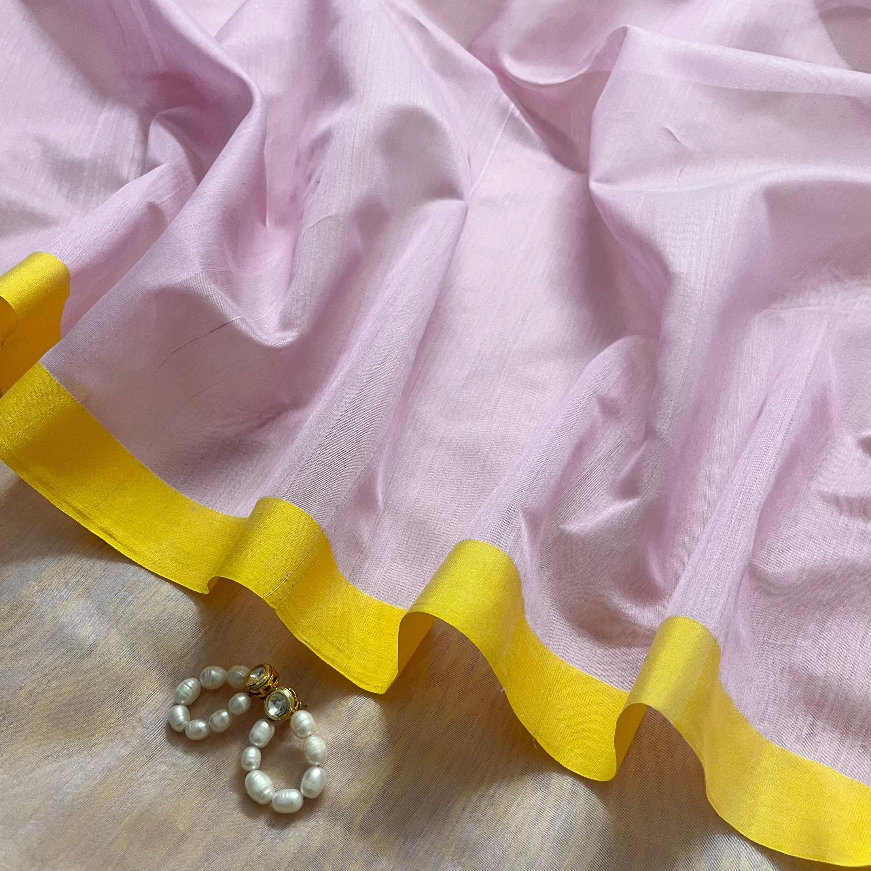 Pink and lemon Chanderi saree with zari lines on pallu - Image 6