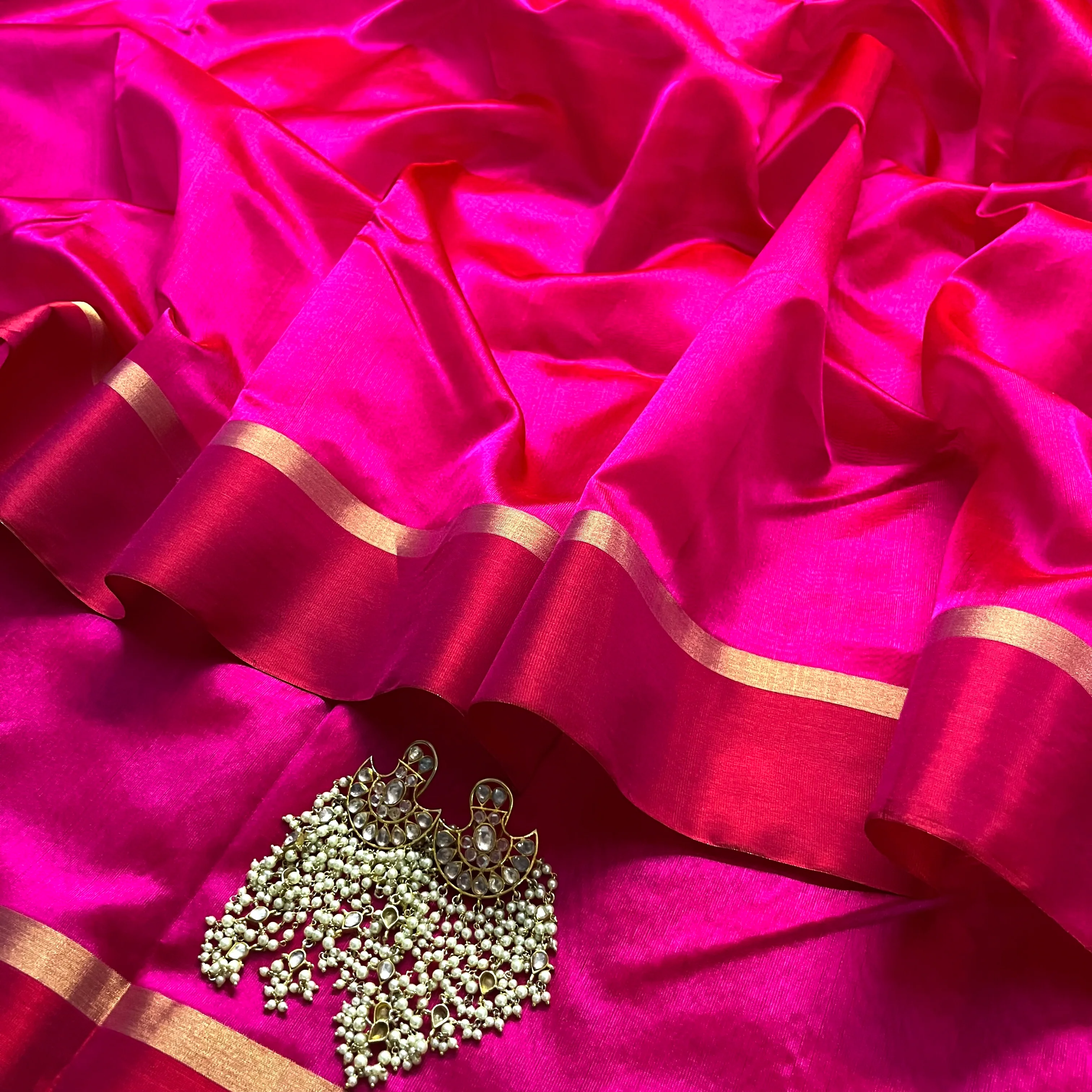Pink and red Chanderi silk saree with silk border - Image 11