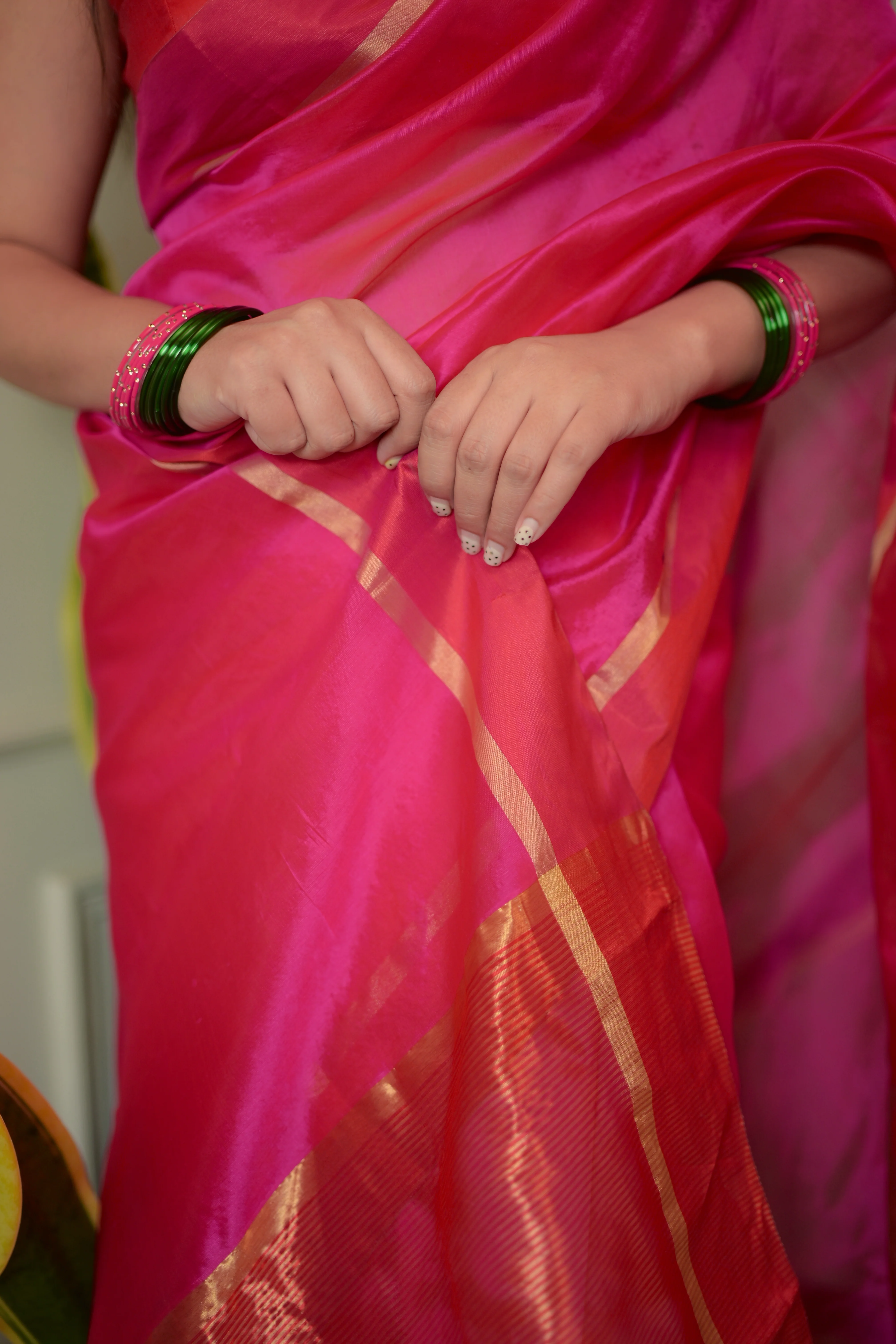 Pink and red Chanderi silk saree with silk border - Image 12