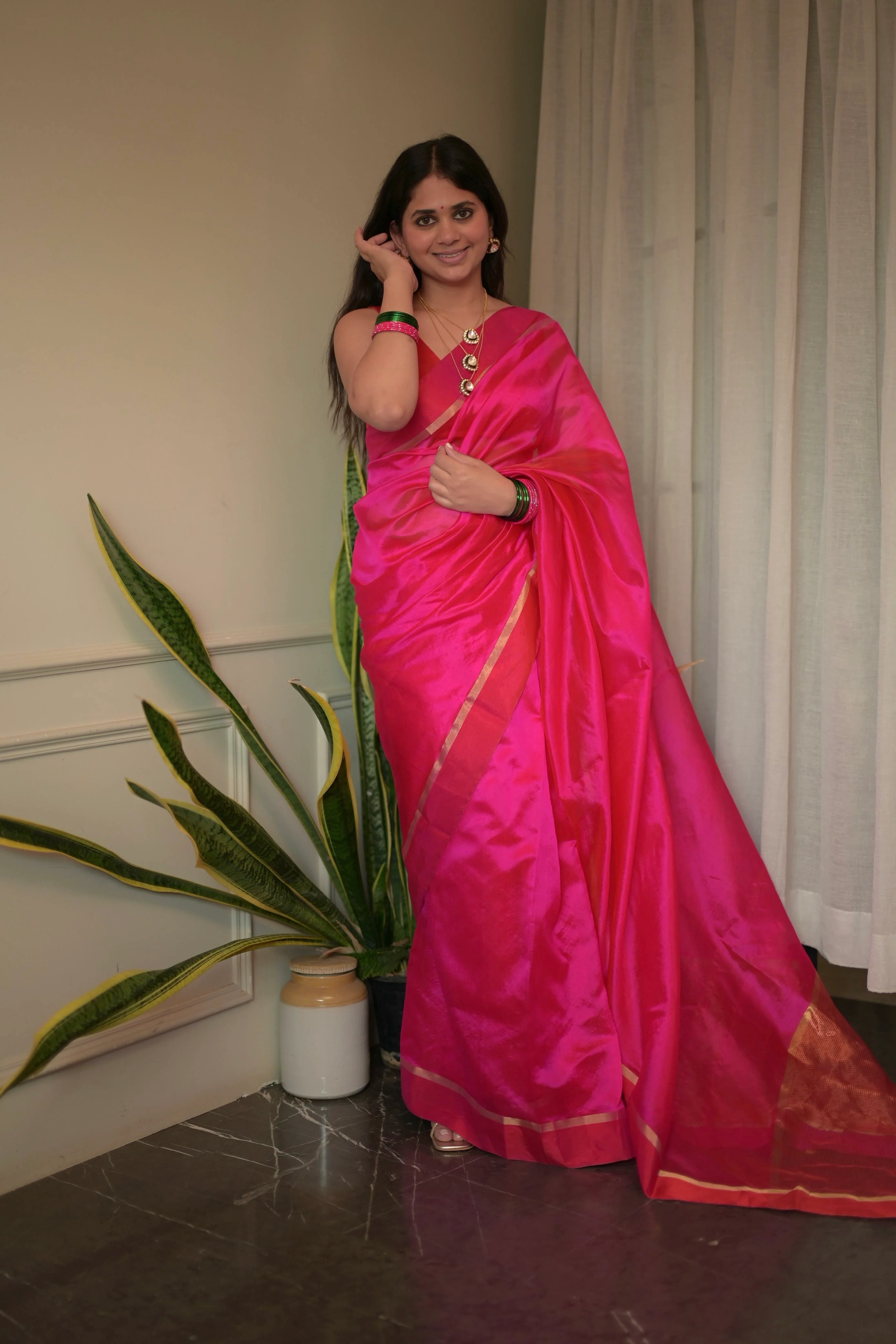 Pink and red Chanderi silk saree with silk border - Image 13