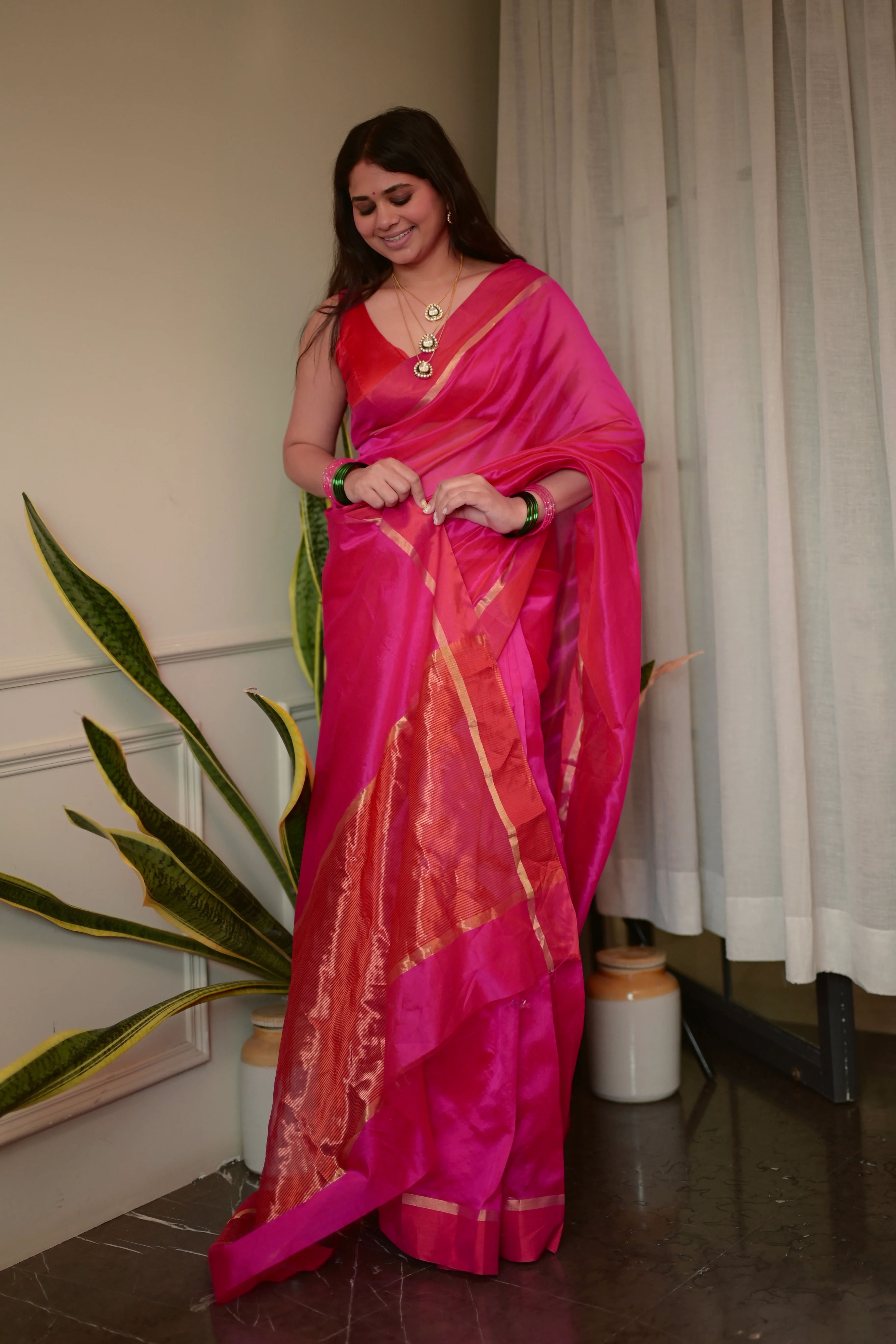 Pink and red Chanderi silk saree with silk border - Image 14