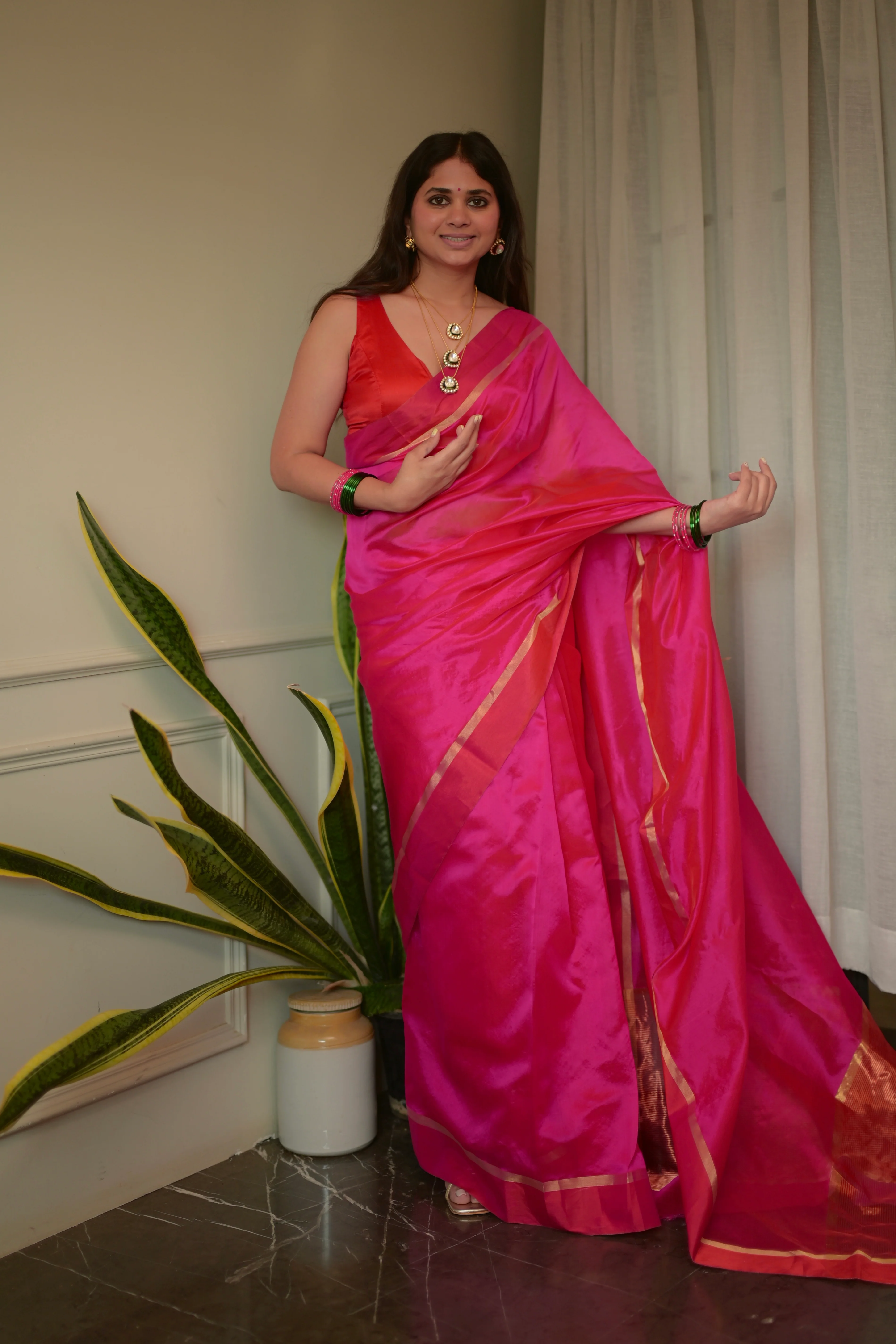 Pink and red Chanderi silk saree with silk border - Image 15