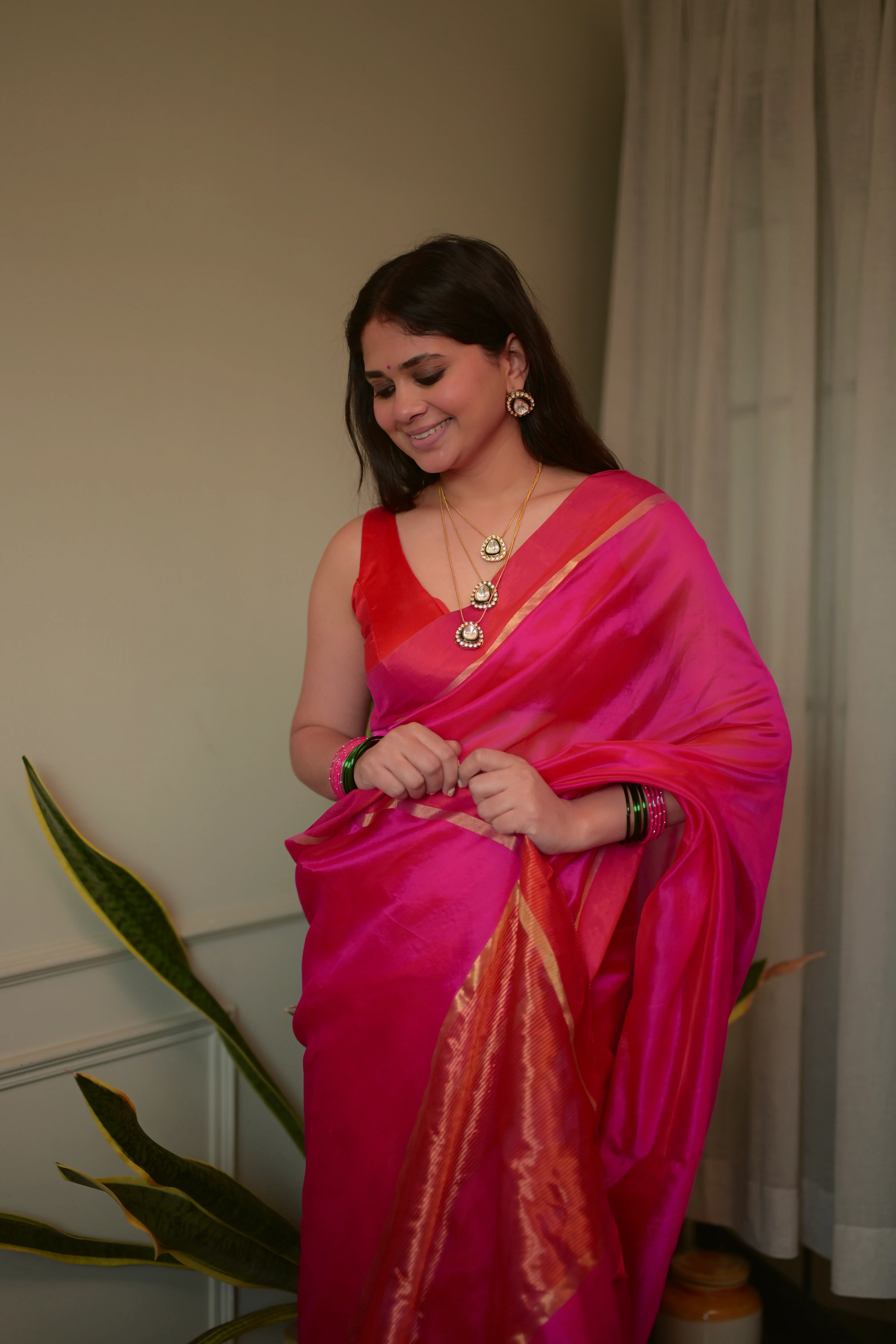 Pink and red Chanderi silk saree with silk border - Image 16