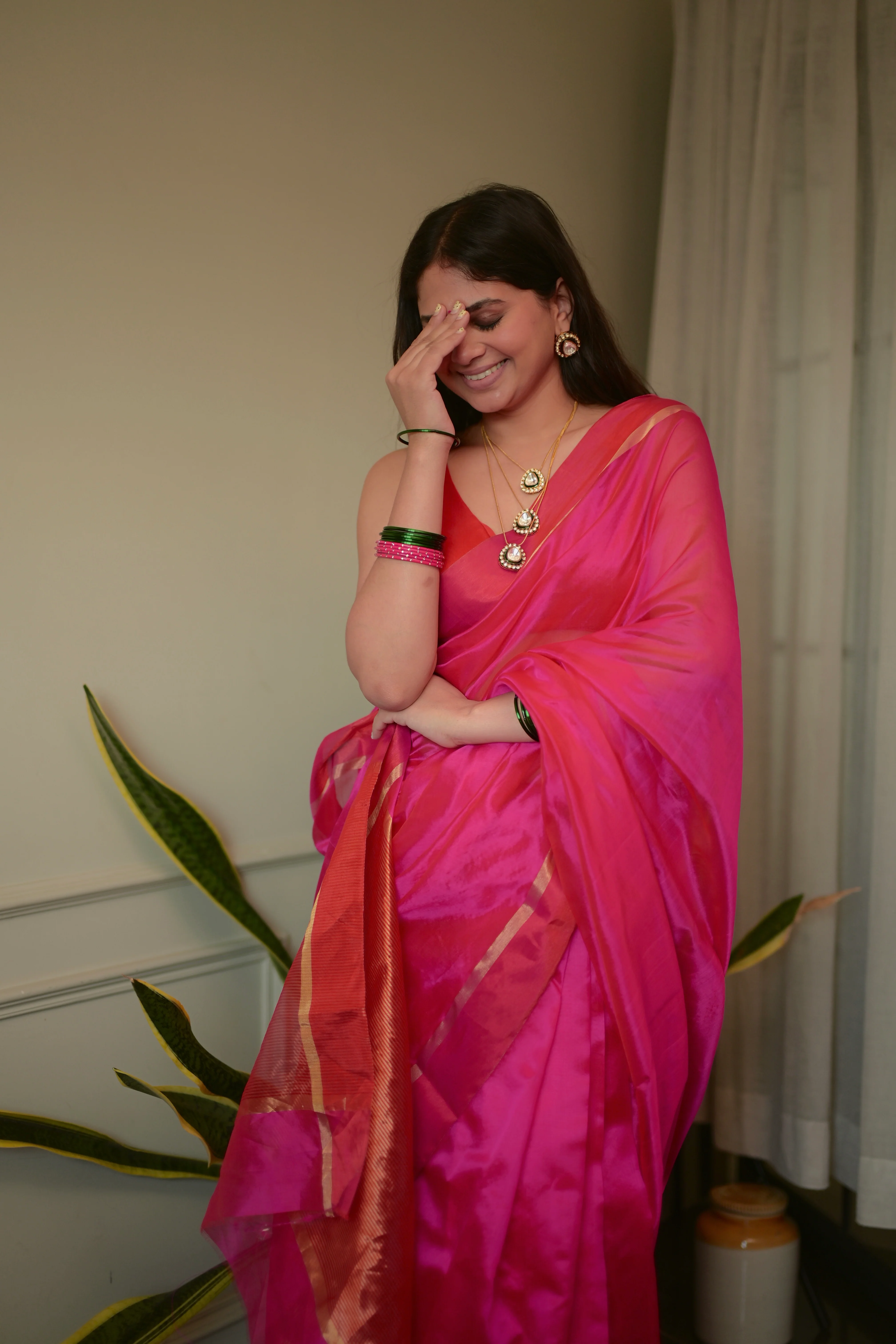 Pink and red Chanderi silk saree with silk border - Image 4