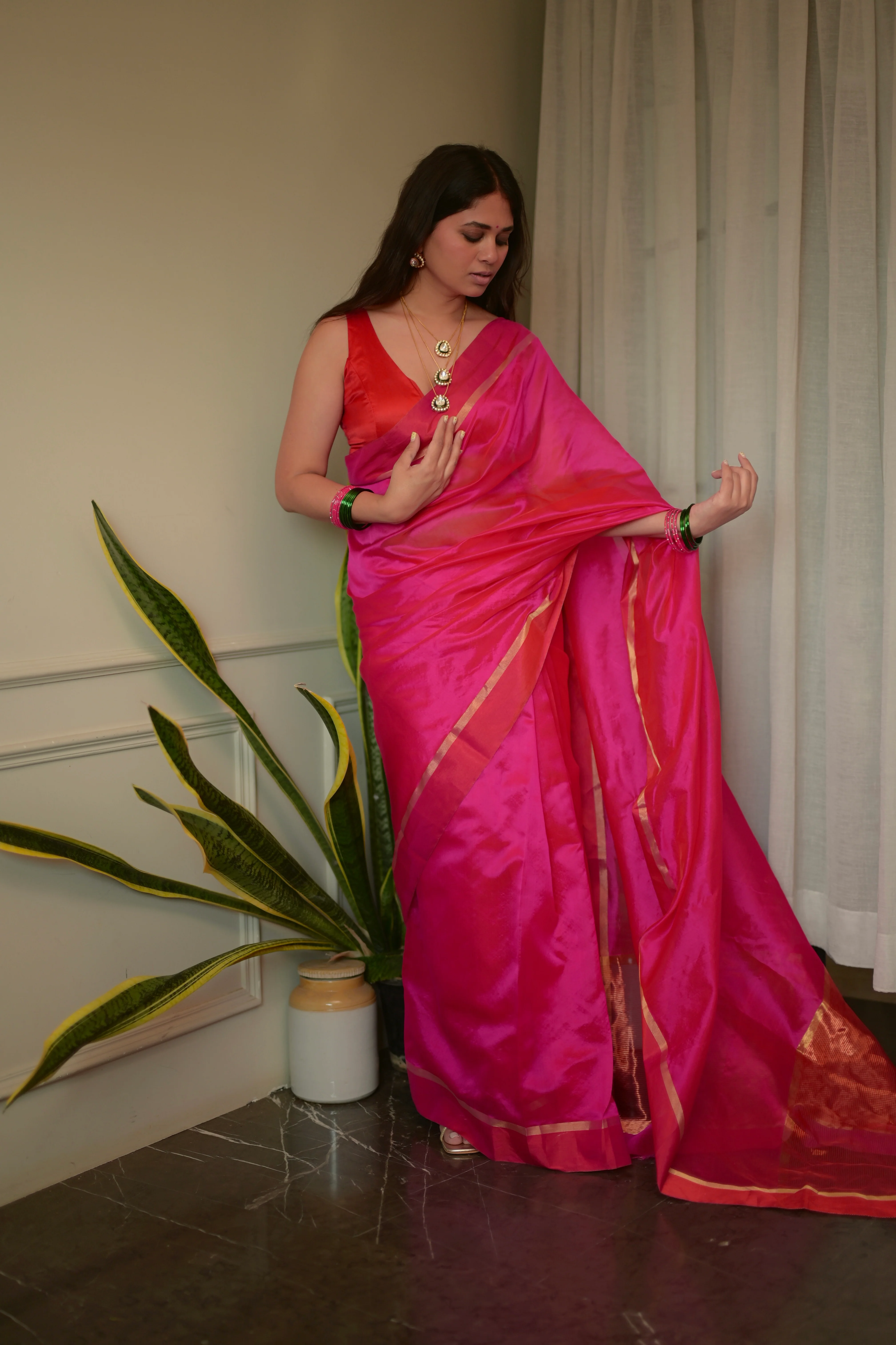 Pink and red Chanderi silk saree with silk border - Image 6