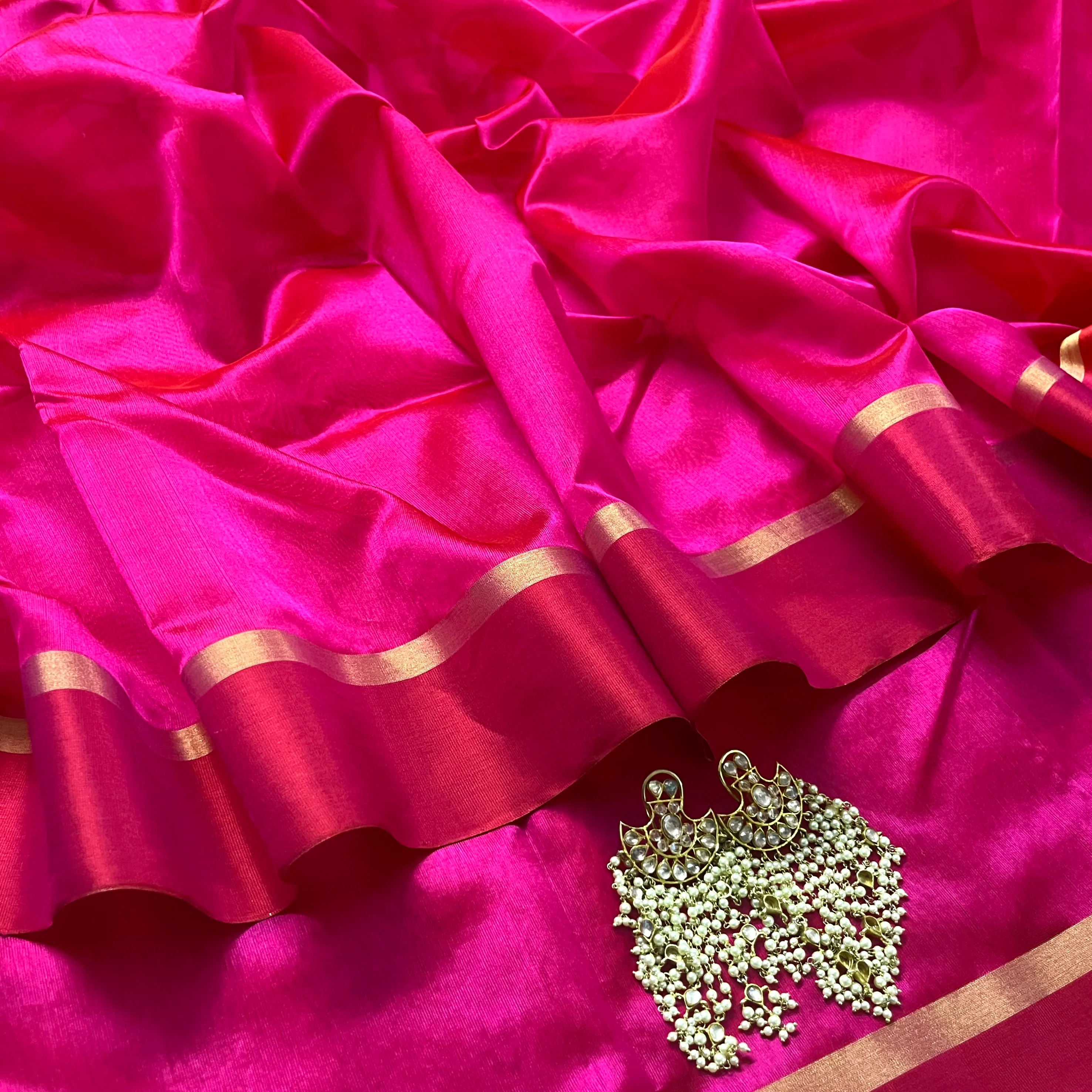 Pink and red Chanderi silk saree with silk border - Image 8