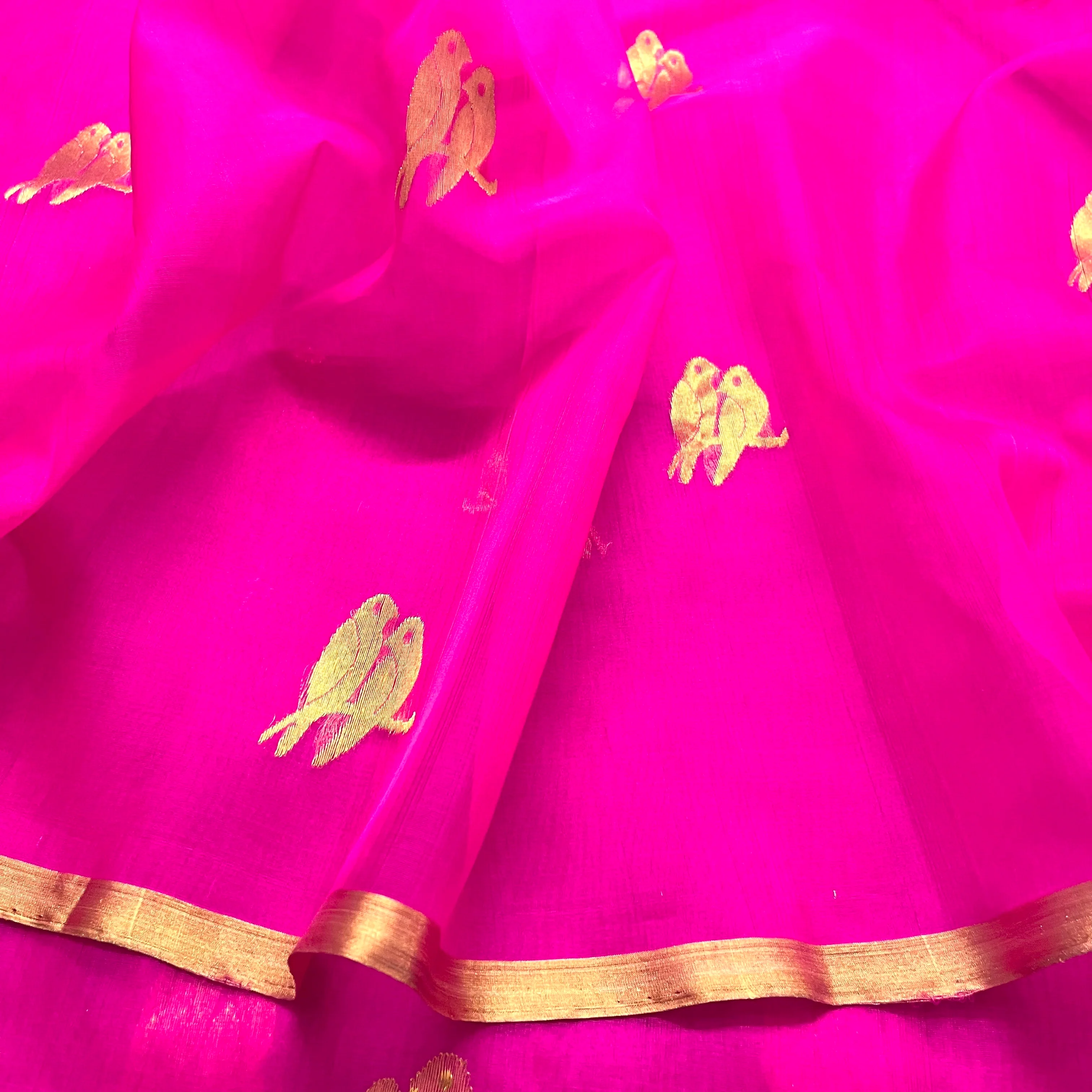 Pink chanderi organza silk saree with bird motifs all over - Image 11