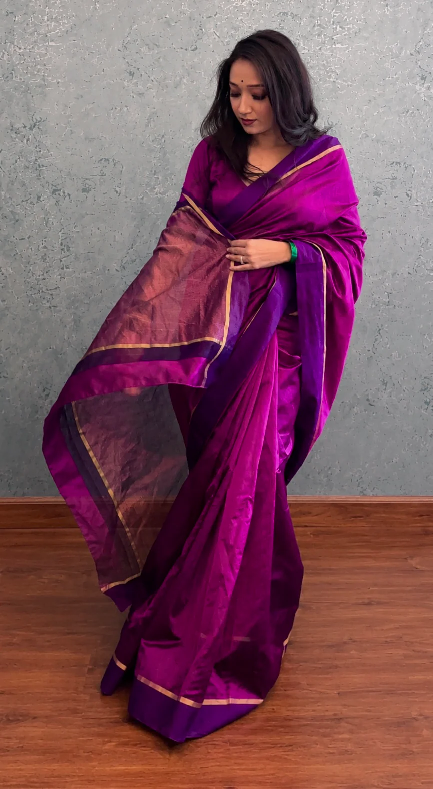 Plum & Blue Chanderi silk saree with zari lines on pallu - Image 2