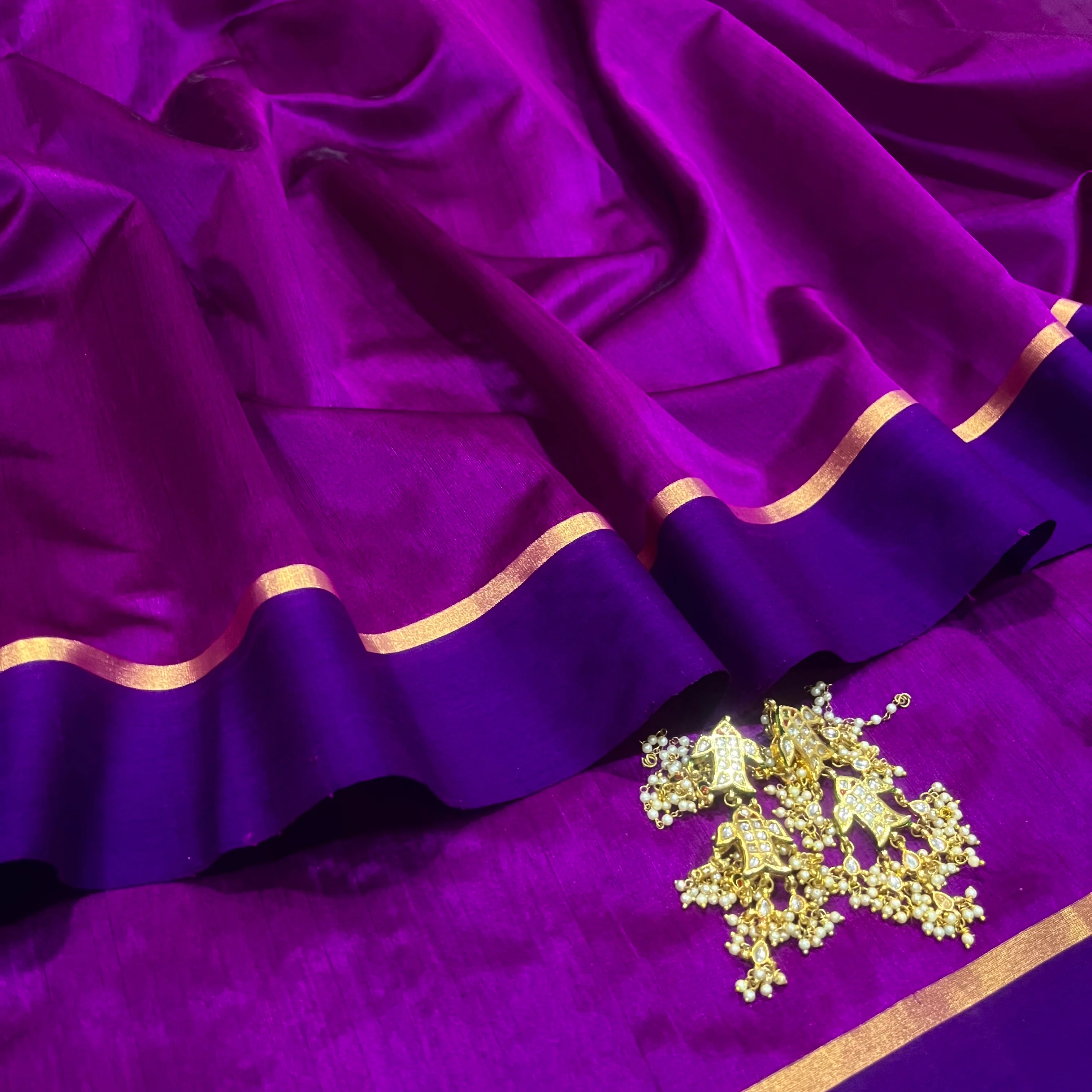 Plum & Blue Chanderi silk saree with zari lines on pallu - Image 7