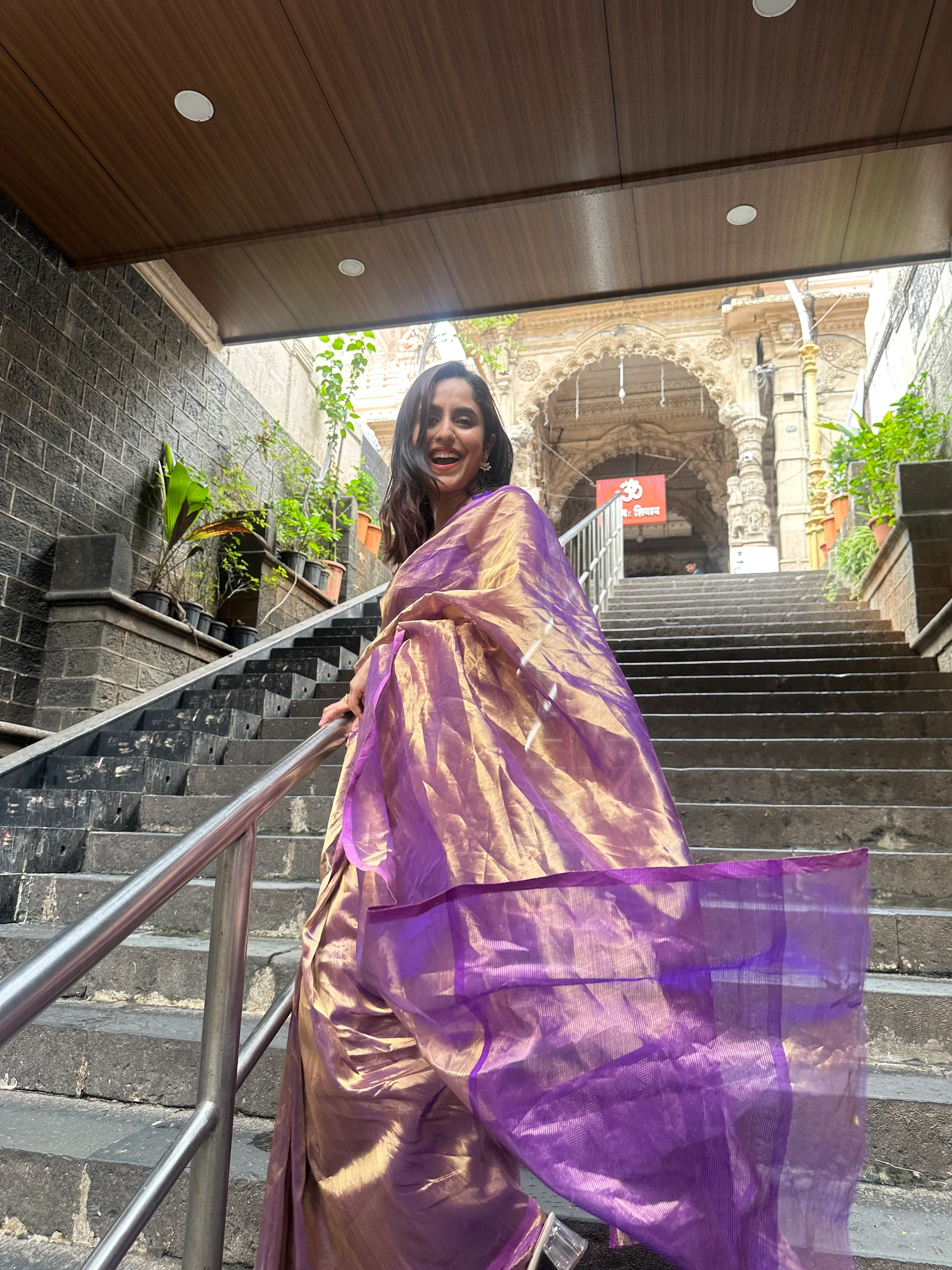 Purple & Gold Chanderi Tissue Silk Saree - Image 16