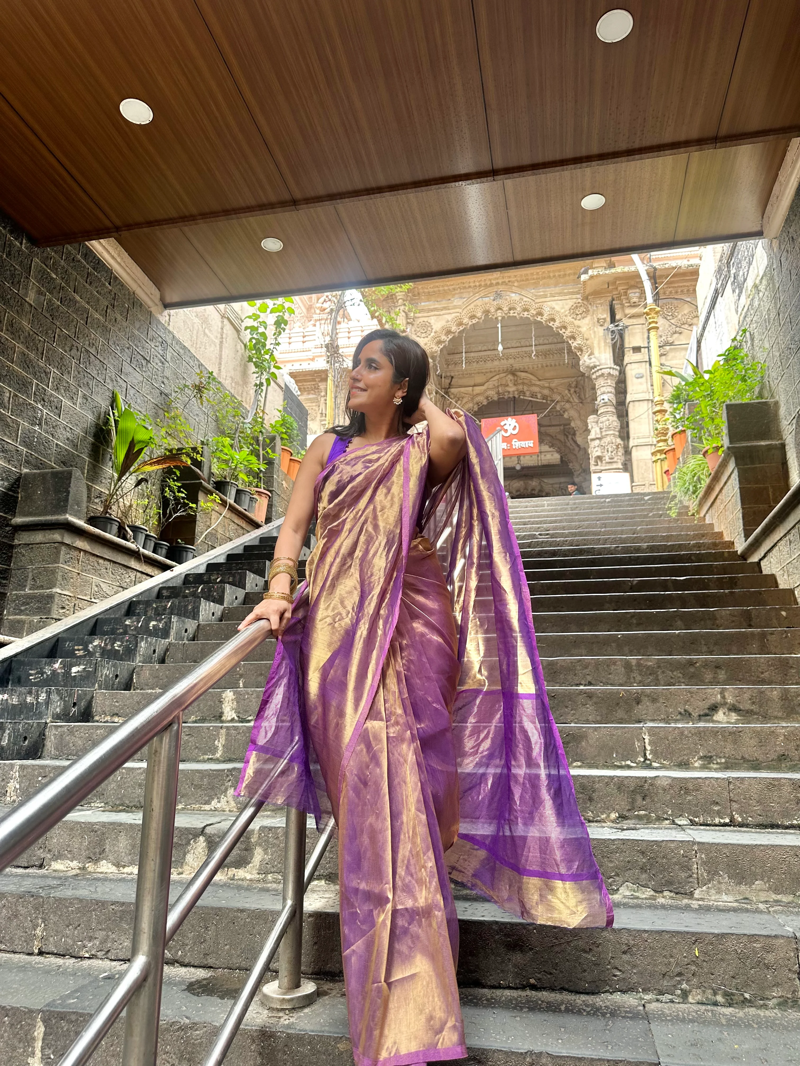 Purple & Gold Chanderi Tissue Silk Saree - Image 18