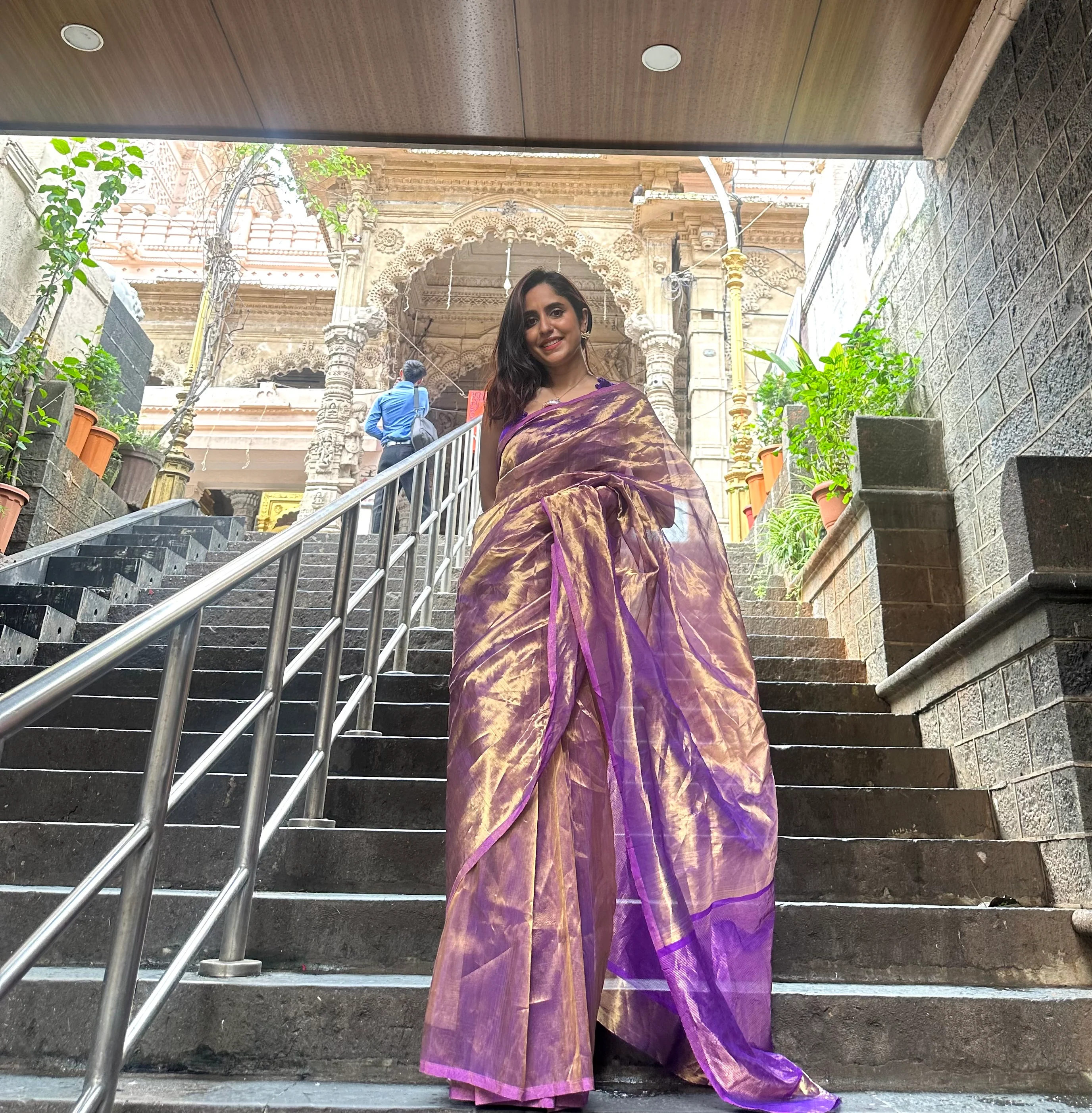 Purple & Gold Chanderi Tissue Silk Saree - Image 19