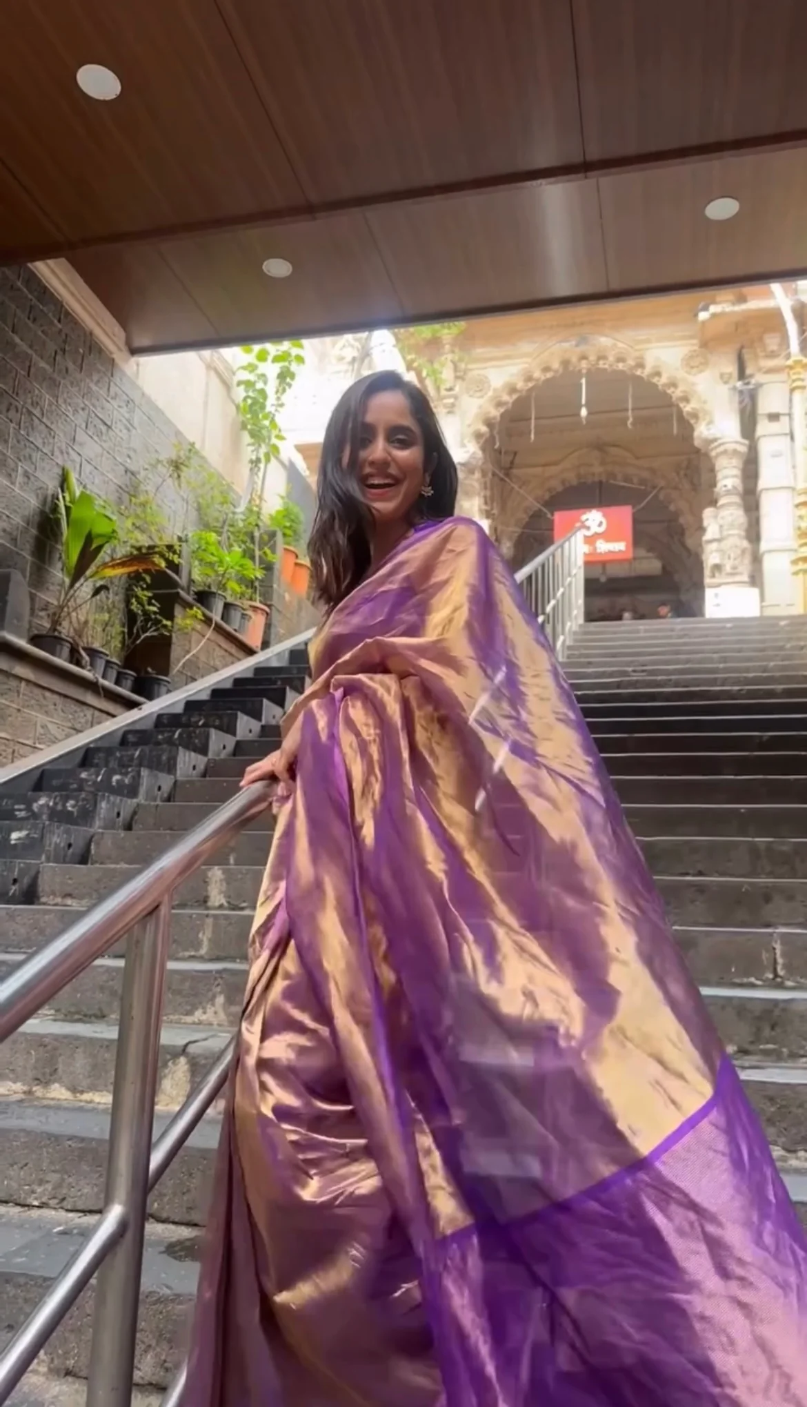 Purple & Gold Chanderi Tissue Silk Saree - Image 2