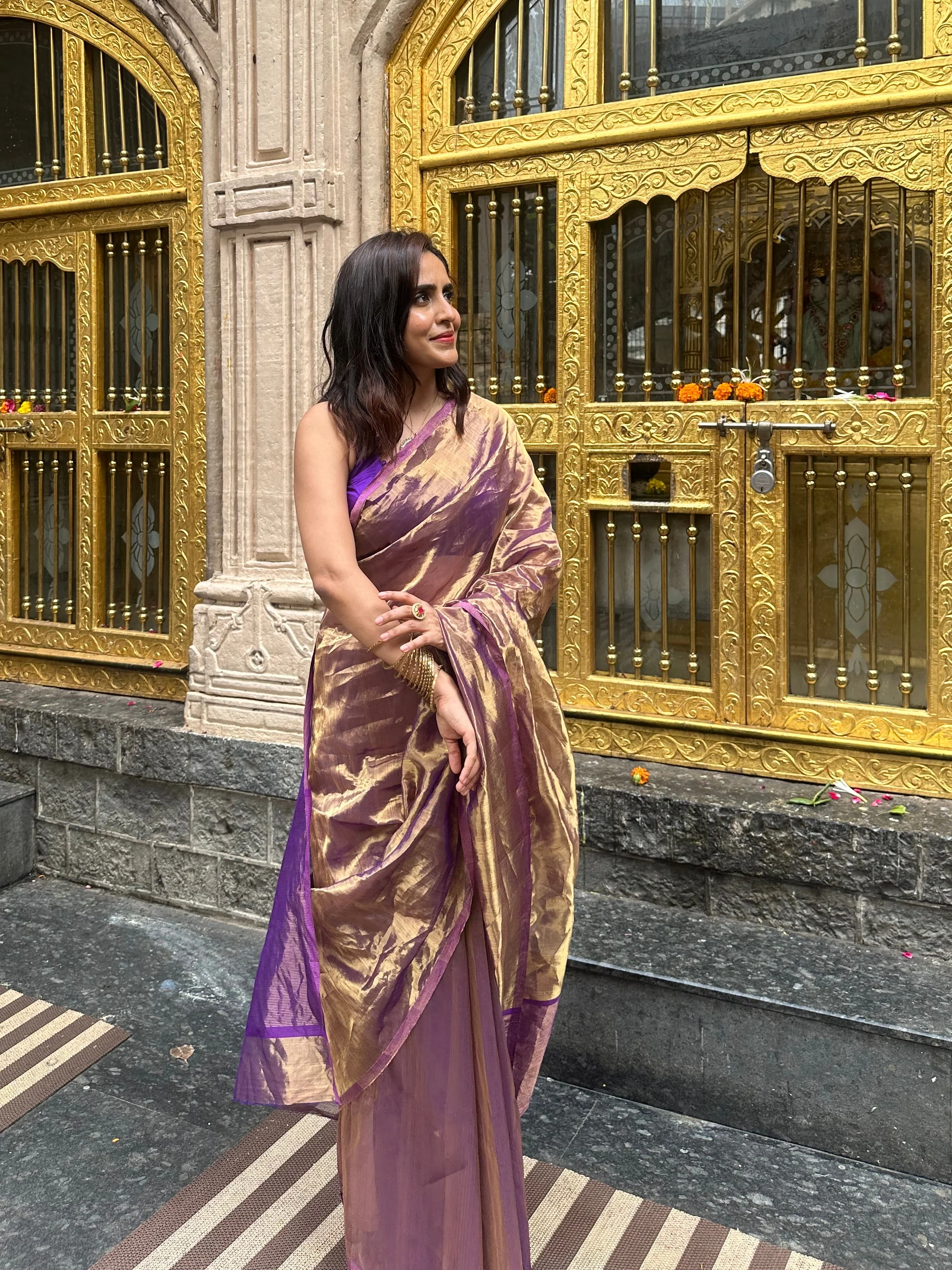 Purple & Gold Chanderi Tissue Silk Saree - Image 23