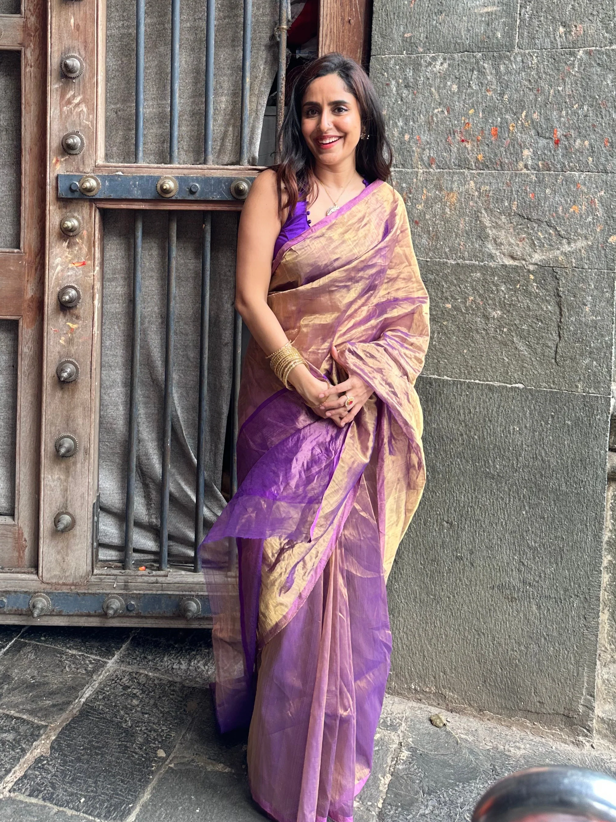 Purple & Gold Chanderi Tissue Silk Saree - Image 24