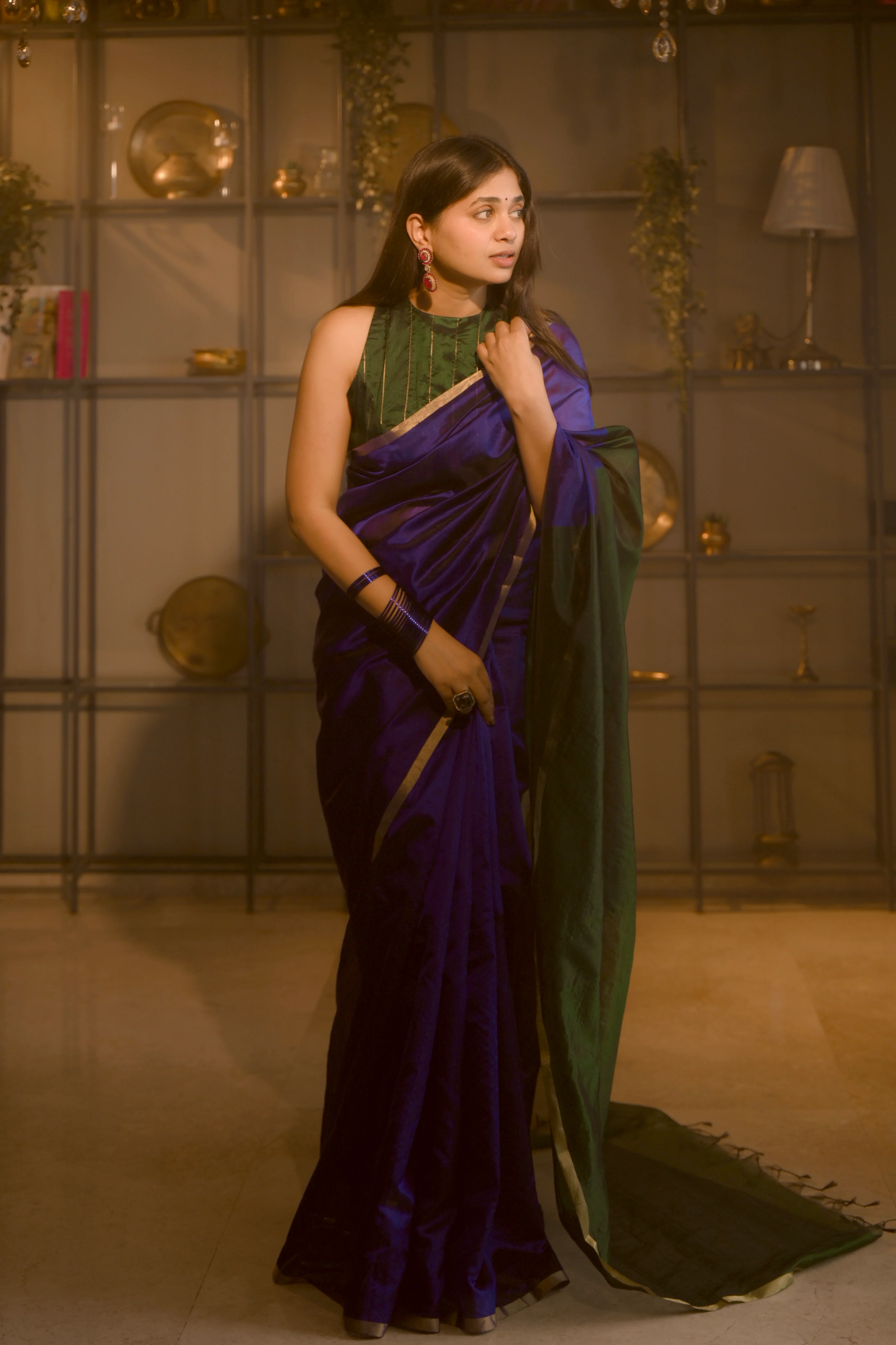 Indigo and green Chanderi silk saree with zari border
