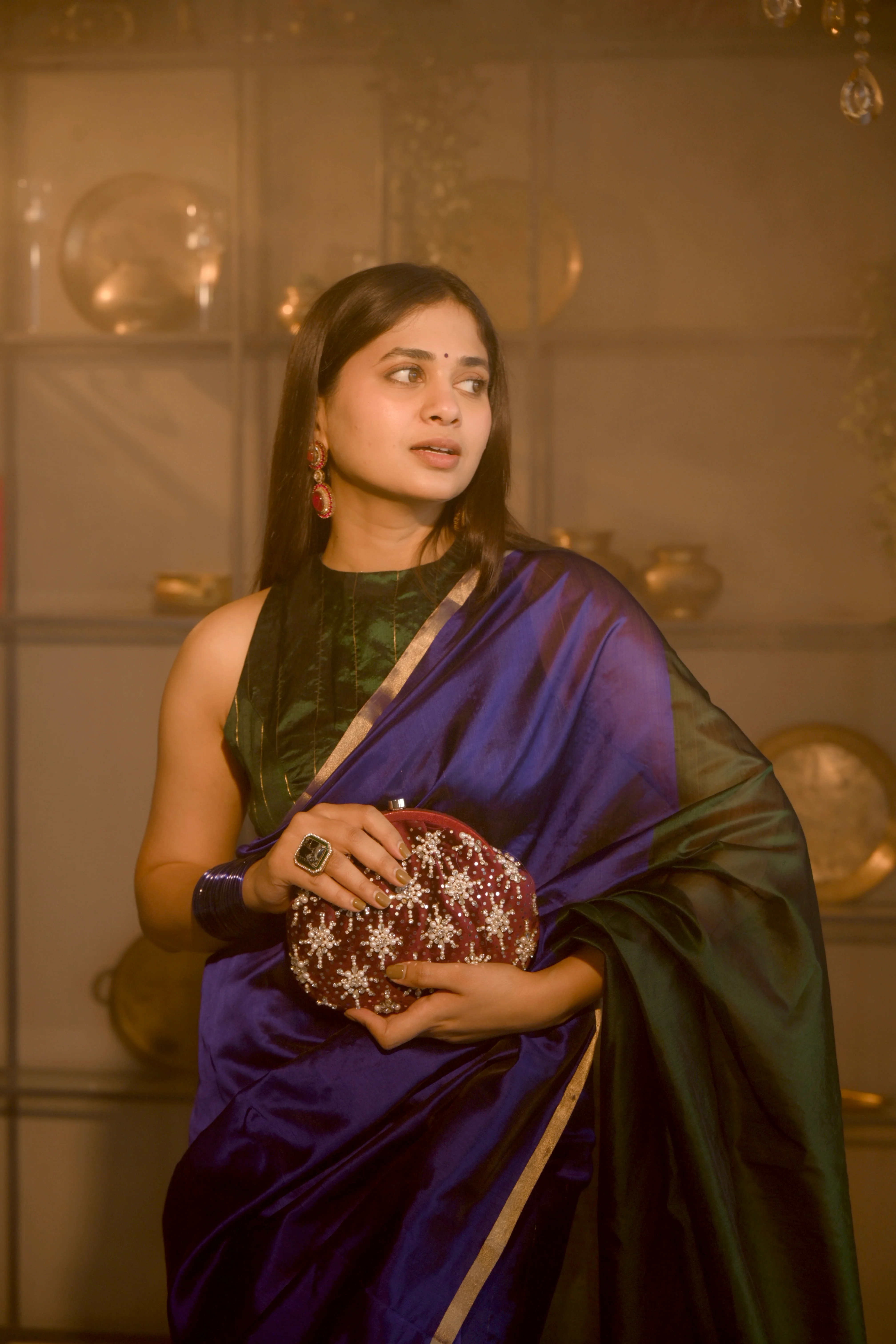 Indigo and green Chanderi silk saree with zari border - Image 10